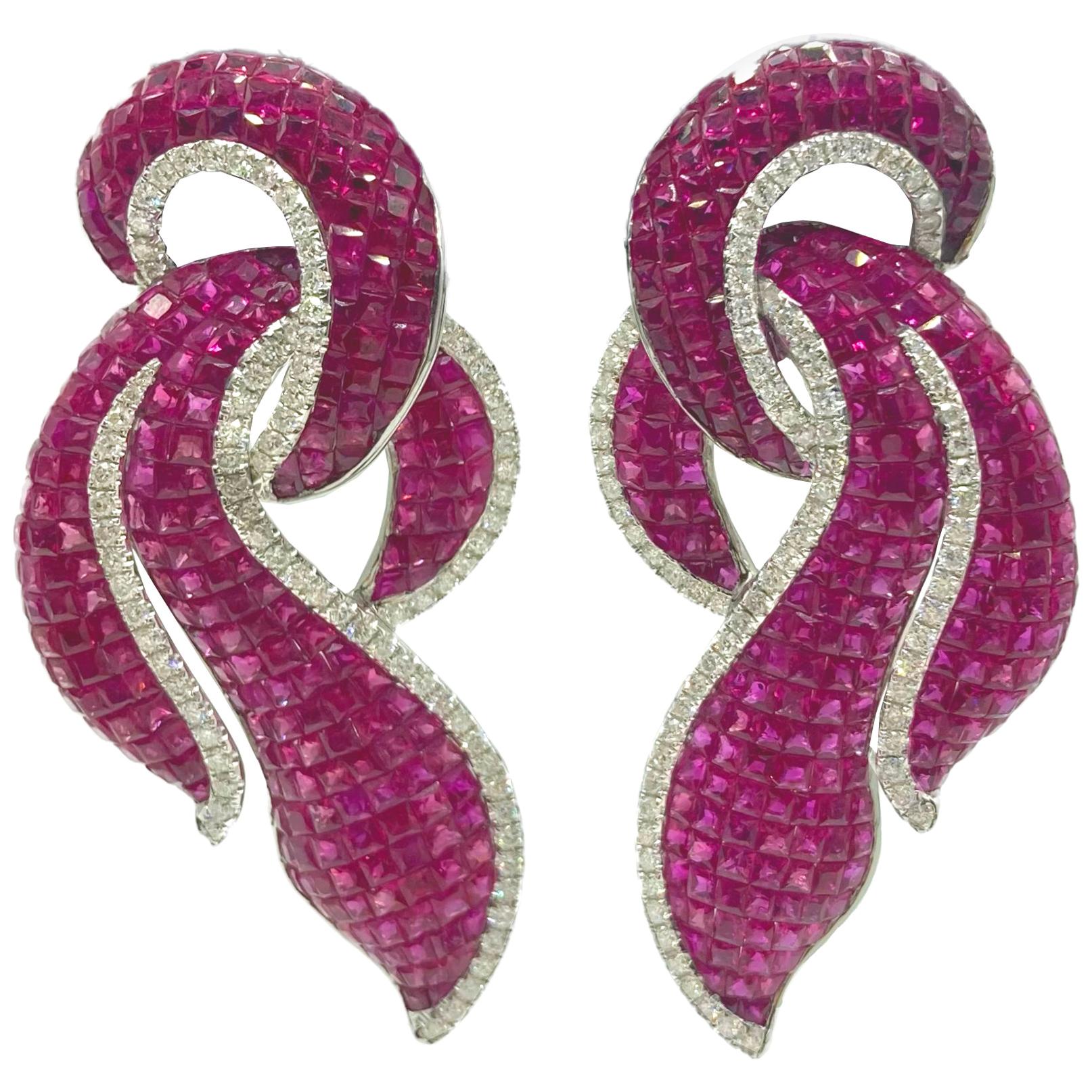 Invisible Set Ruby and Diamond Swirl Earrings