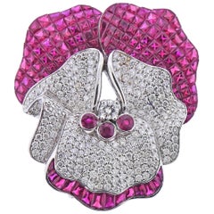 Invisible Set Ruby Diamond White Gold Orchid Flower Brooch