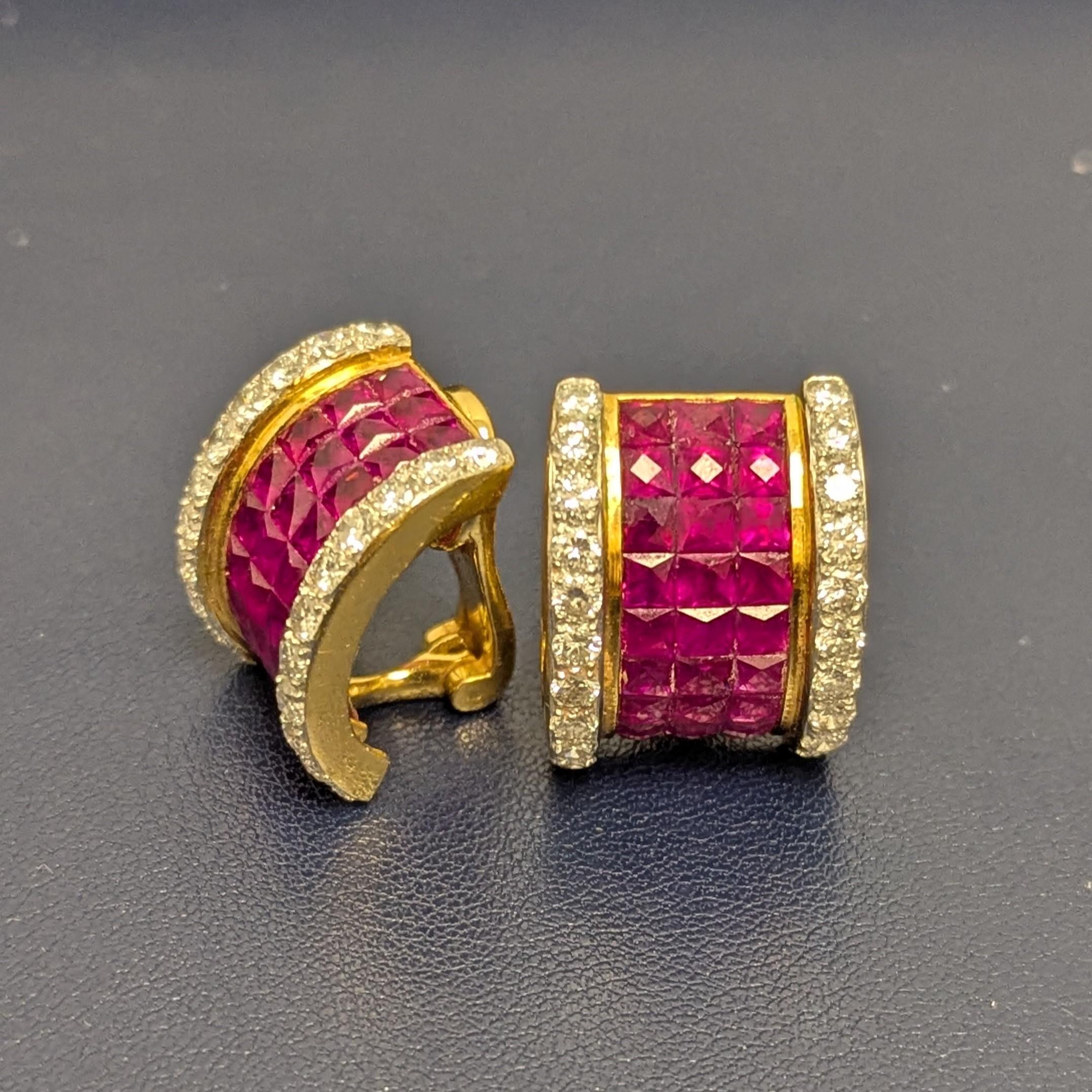 Invisible Set Ruby Diamond Yellow Gold Bombé Earclips Earrings In Excellent Condition For Sale In New York, NY