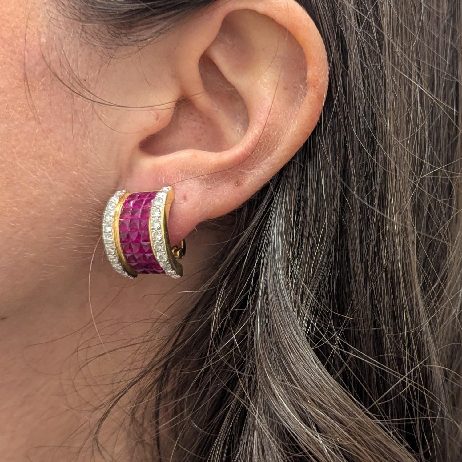 Women's Invisible Set Ruby Diamond Yellow Gold Bombé Earclips Earrings For Sale