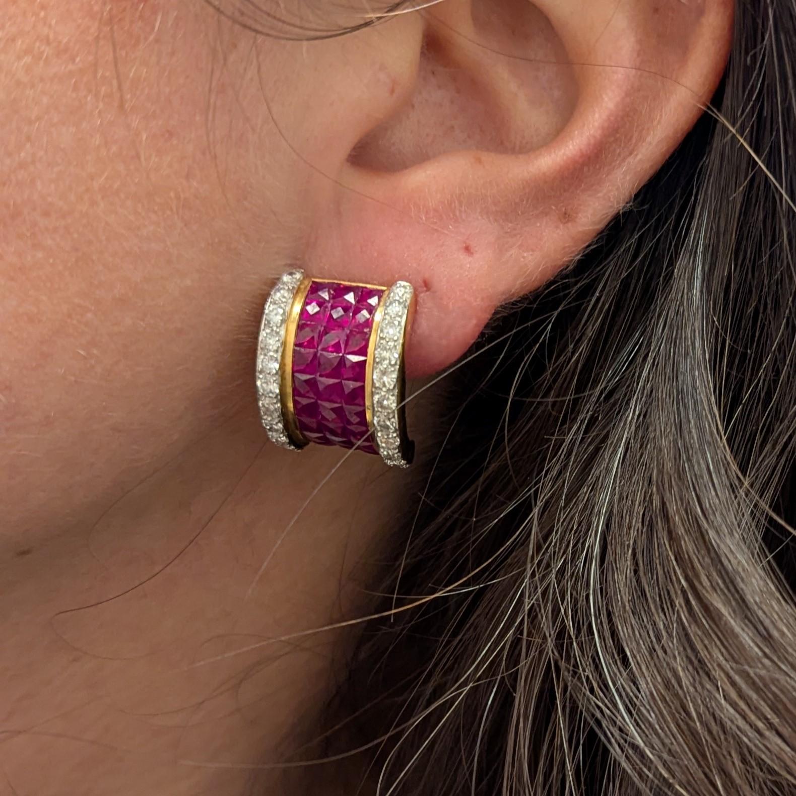 Invisible Set Ruby Diamond Yellow Gold Bombé Earclips Earrings For Sale 1