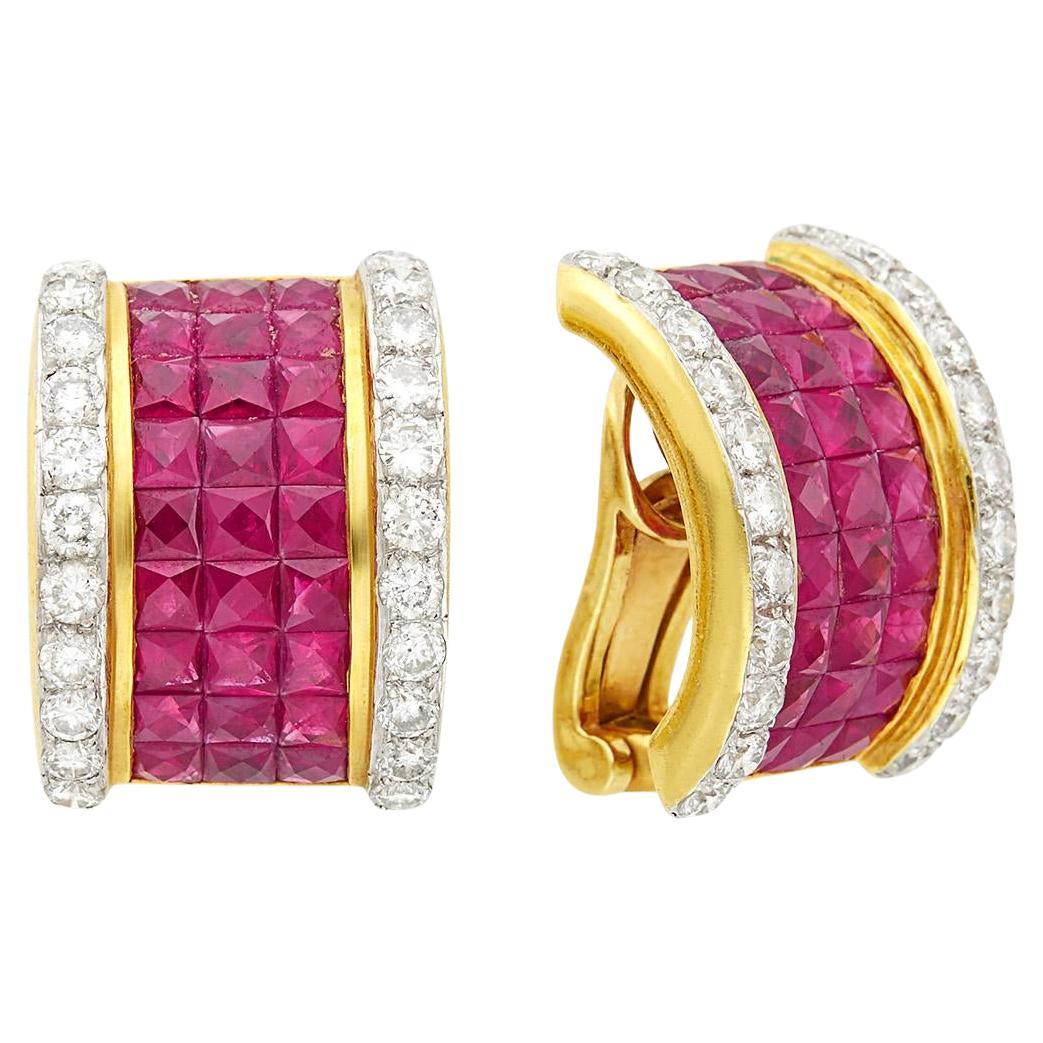 Unsichtbarer Satz Rubin-Diamant-Gelbgold Bombé-Ohrclips Ohrringe