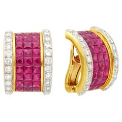 Unsichtbarer Satz Rubin-Diamant-Gelbgold Bombé-Ohrclips Ohrringe