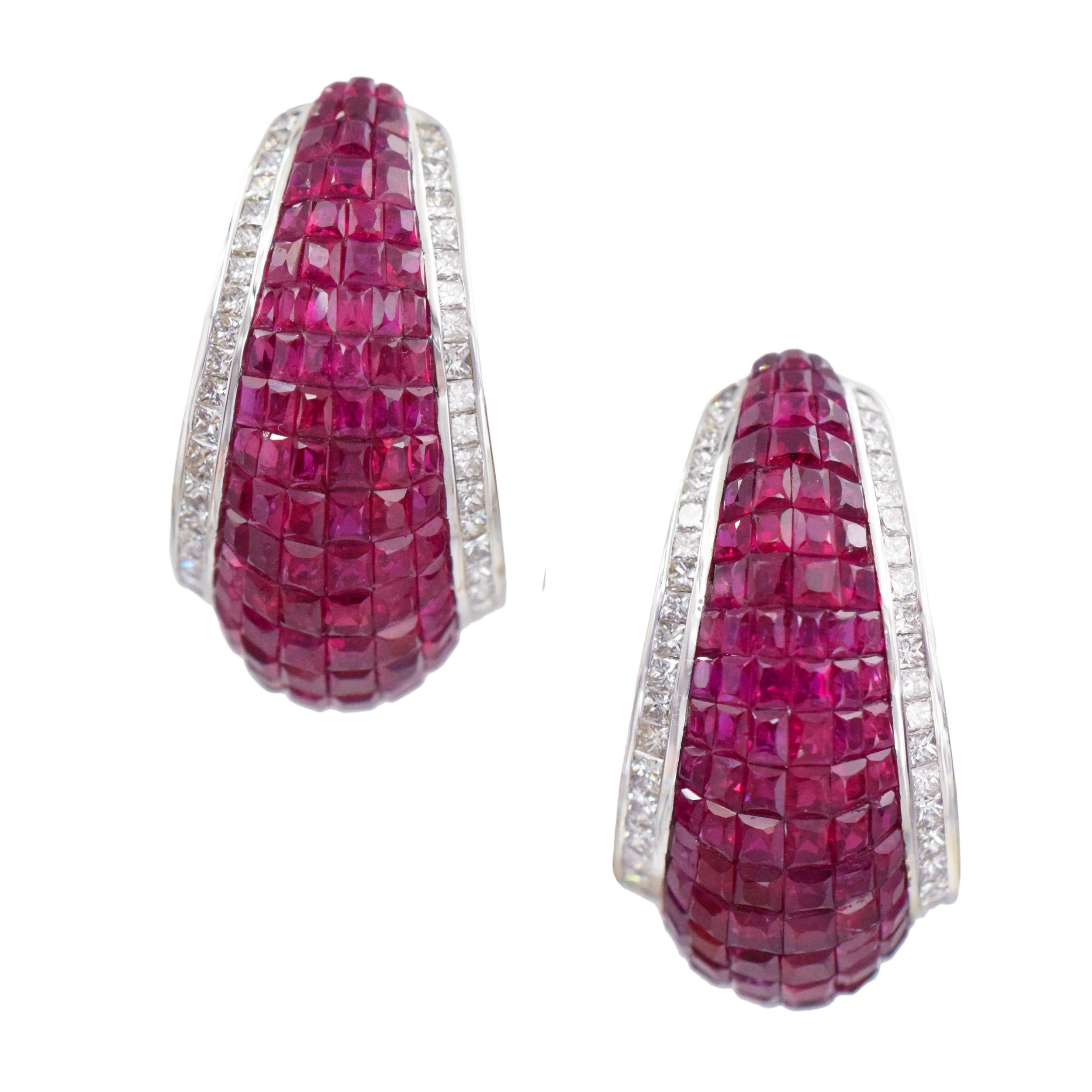 Square Cut Invisible Set Ruby inside-out Hoop Earrings For Sale