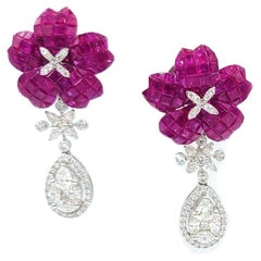 Invisible Set Ruby Pear-Shaped Diamond Floral Drop Earrings in 18K White Gold