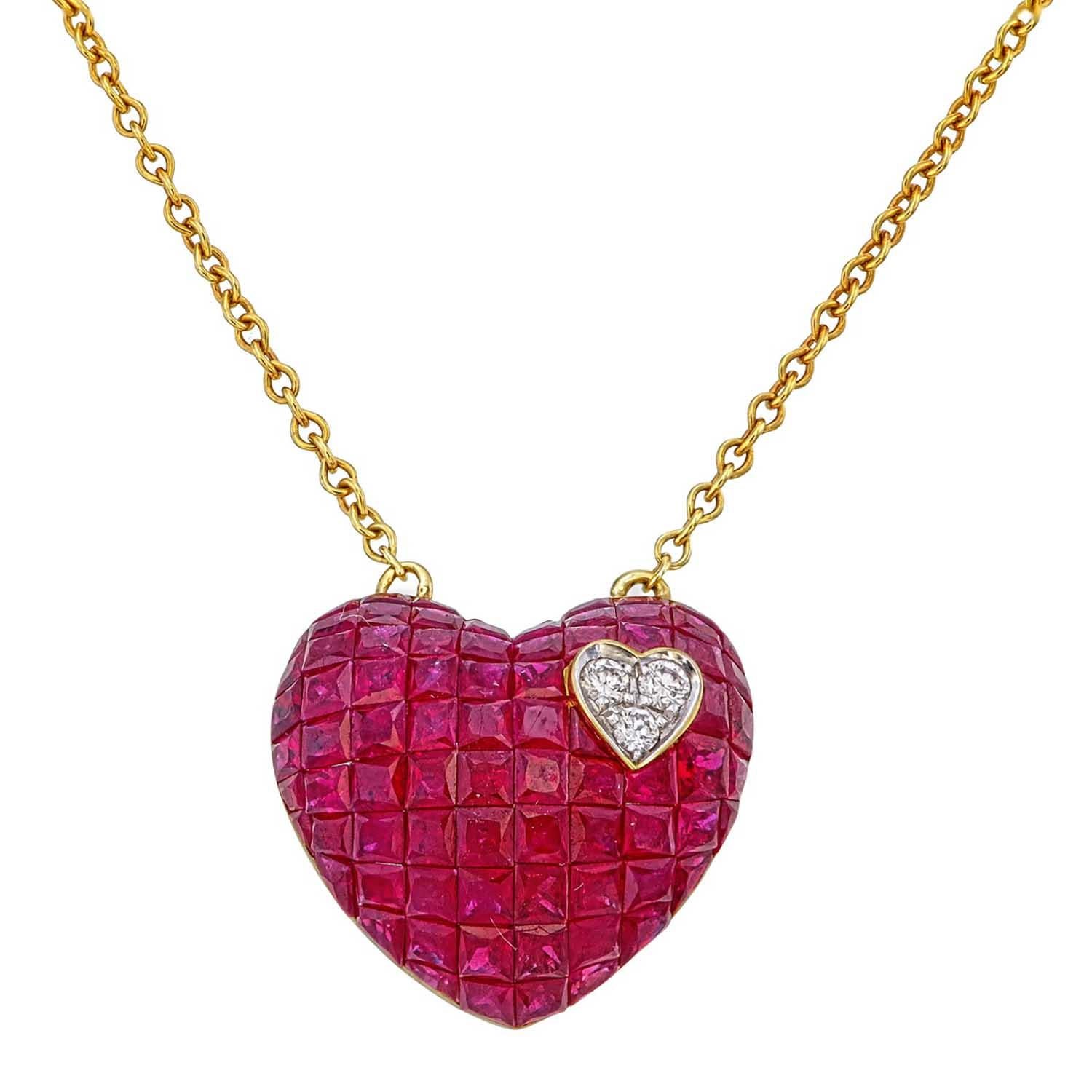 Artist Invisible set Ruby with diamond Heart Necklace  For Sale