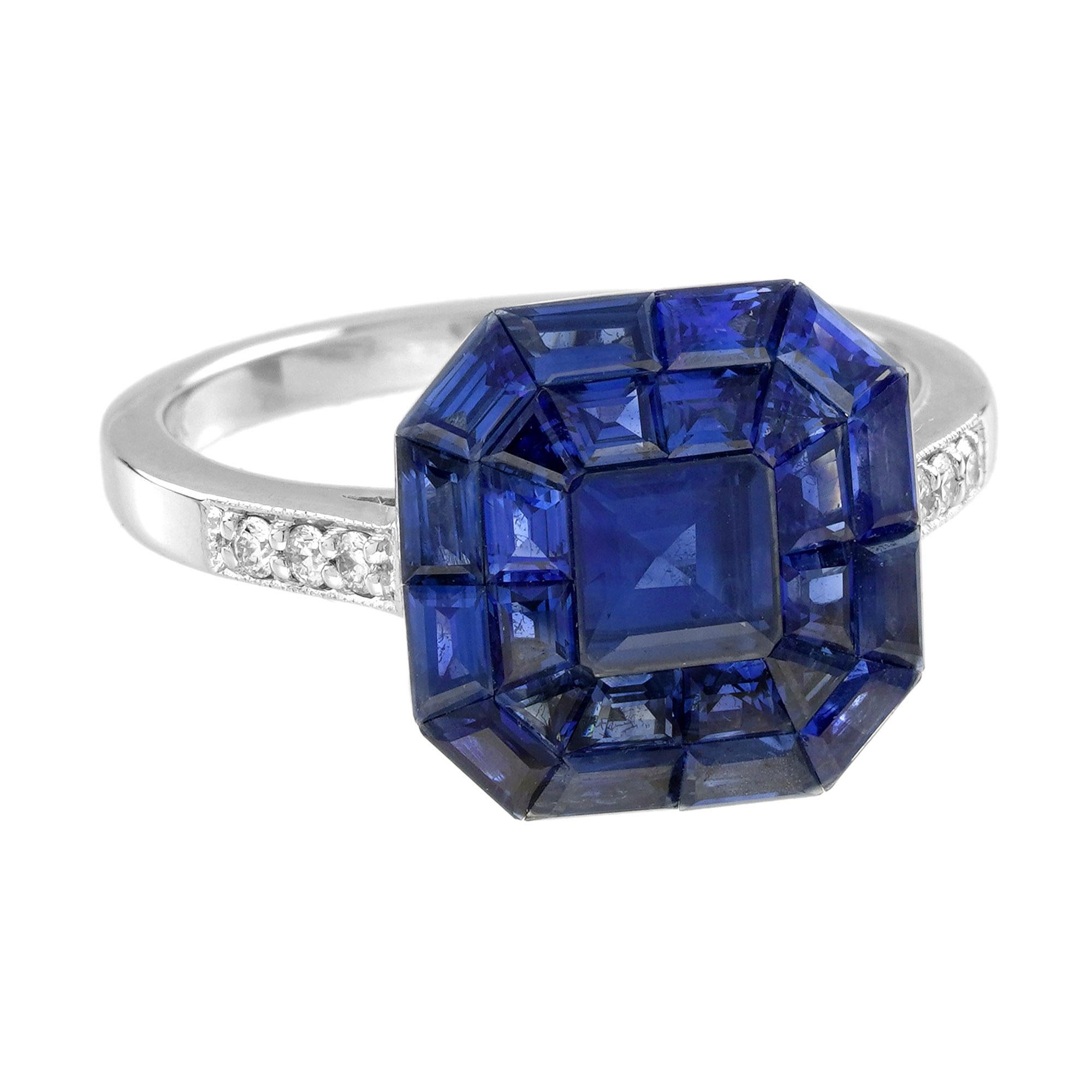 Bague en or blanc 18 carats sertie de saphirs et de diamants de style Art déco Pour femmes en vente