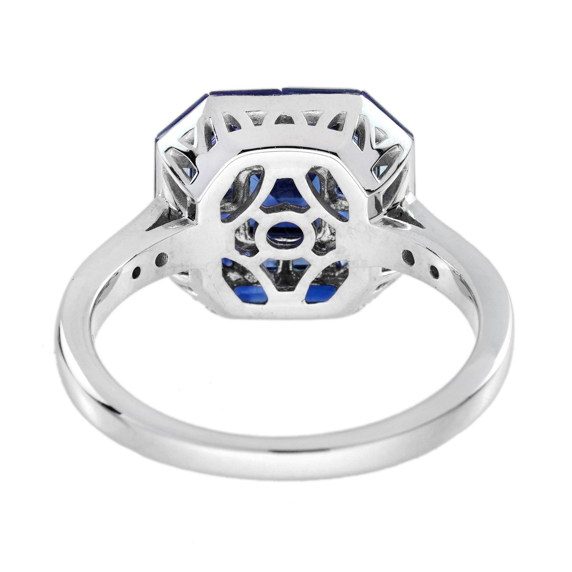 Bague en or blanc 18 carats sertie de saphirs et de diamants de style Art déco en vente 2