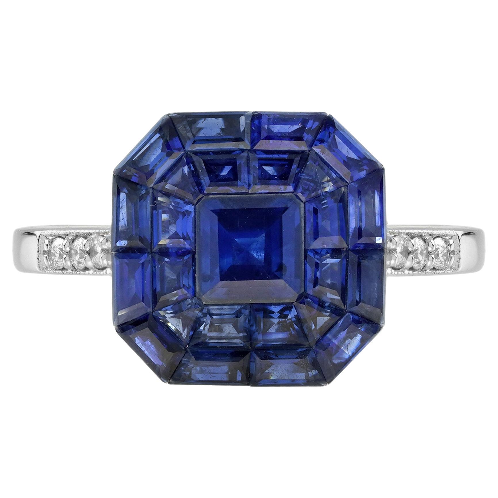 Invisible Set Sapphire and diamond Art Deco Style Ring in 18K White Gold