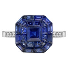Anillo de oro blanco de 18 quilates de estilo Art Déco con zafiro y diamante en engaste invisible