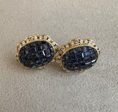 Invisible Set Sapphire and Diamond Button Earrings in 18k Yellow Gold