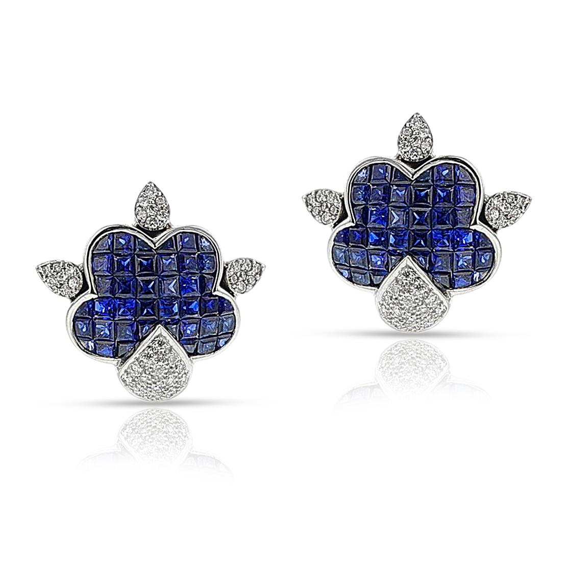 Square Cut Invisible Set Sapphire and Diamond Earrings, 18k For Sale