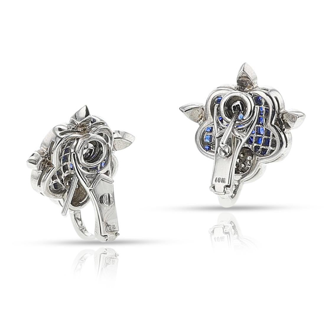 Invisible Set Sapphire and Diamond Earrings, 18k In Excellent Condition For Sale In New York, NY