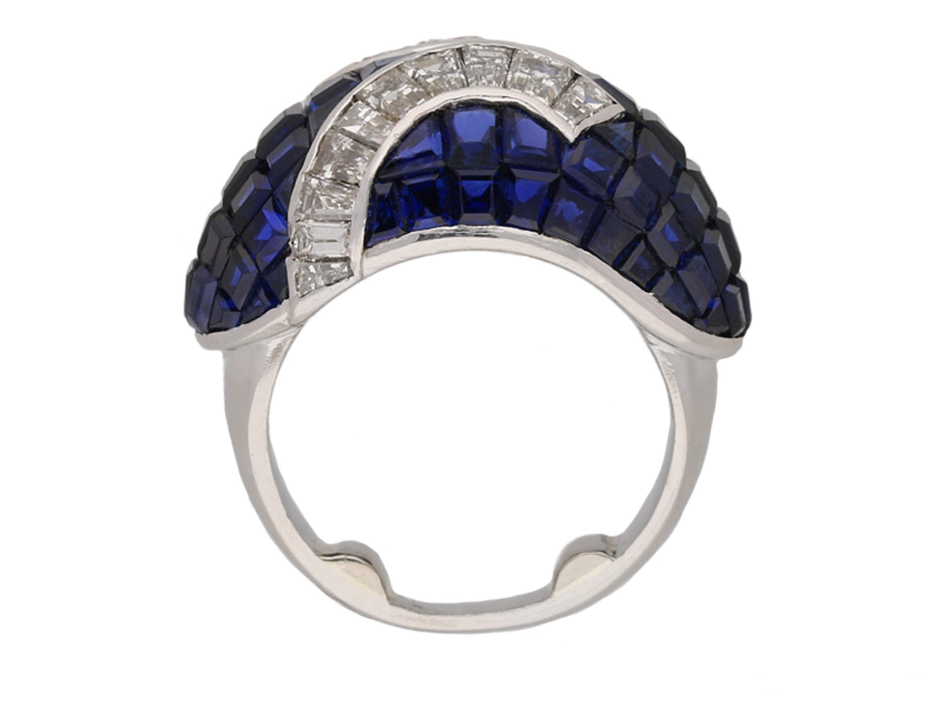 Baguette Cut Invisible set sapphire and diamond ring, French, circa 1940 For Sale