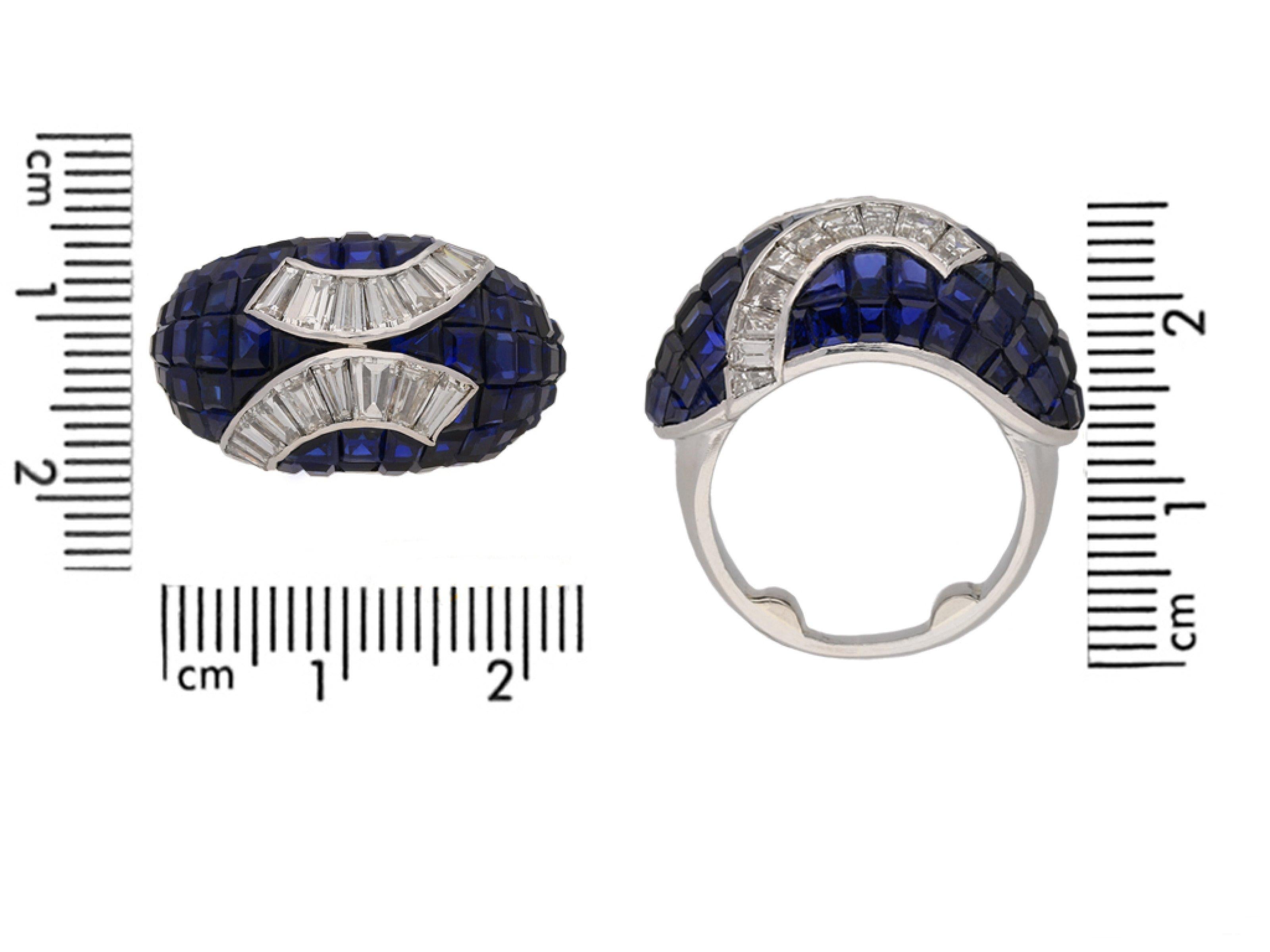 Invisible set sapphire and diamond ring, French, circa 1940 In Good Condition For Sale In London, GB