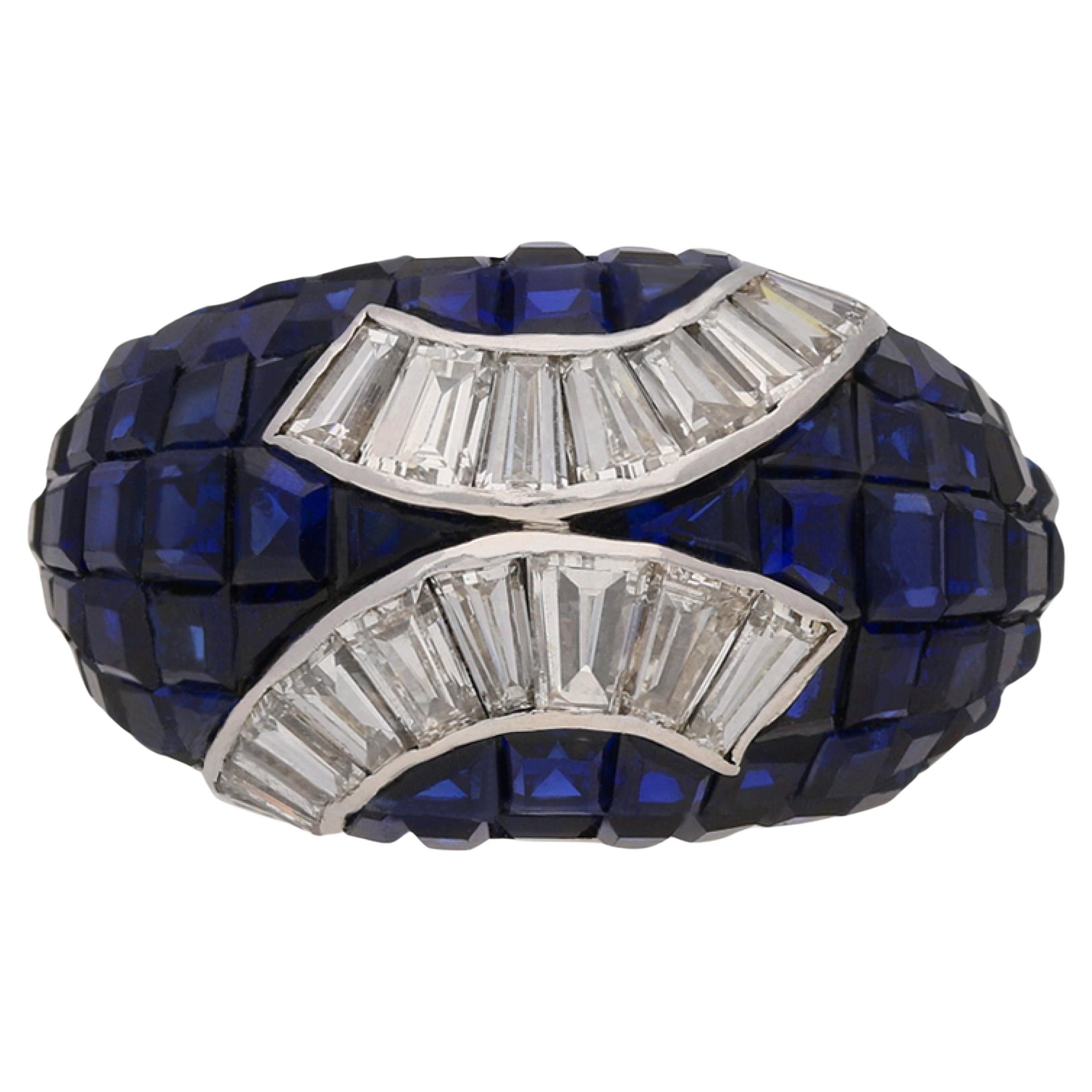 Invisible set sapphire and diamond ring, French, circa 1940 For Sale