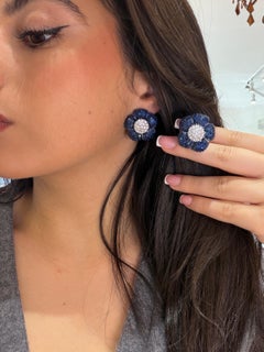 Invisible Set Sapphire Diamond Flower Earrings 26.0ct Sapphire 18K White Gold