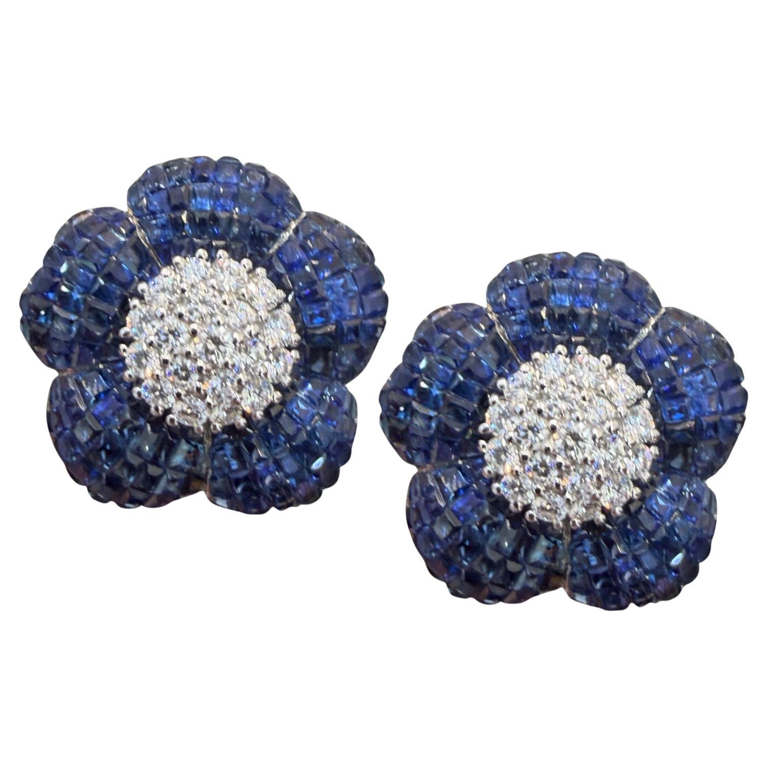 Orecchini a fiore con diamante e zaffiro 26,0 carati in oro bianco 18 carati