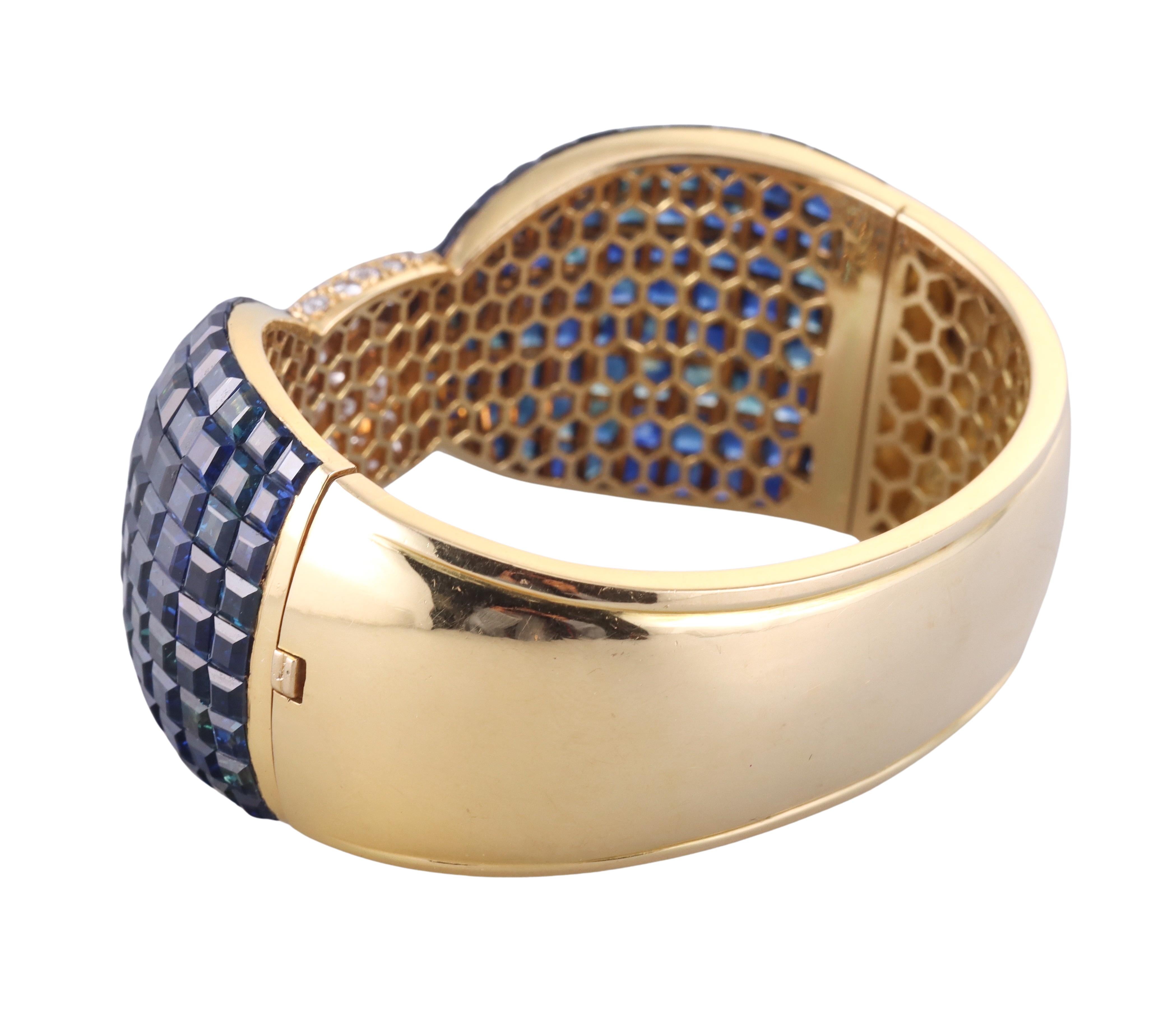Square Cut Invisible Set Sapphire Diamond Gold Bow Bracelet For Sale