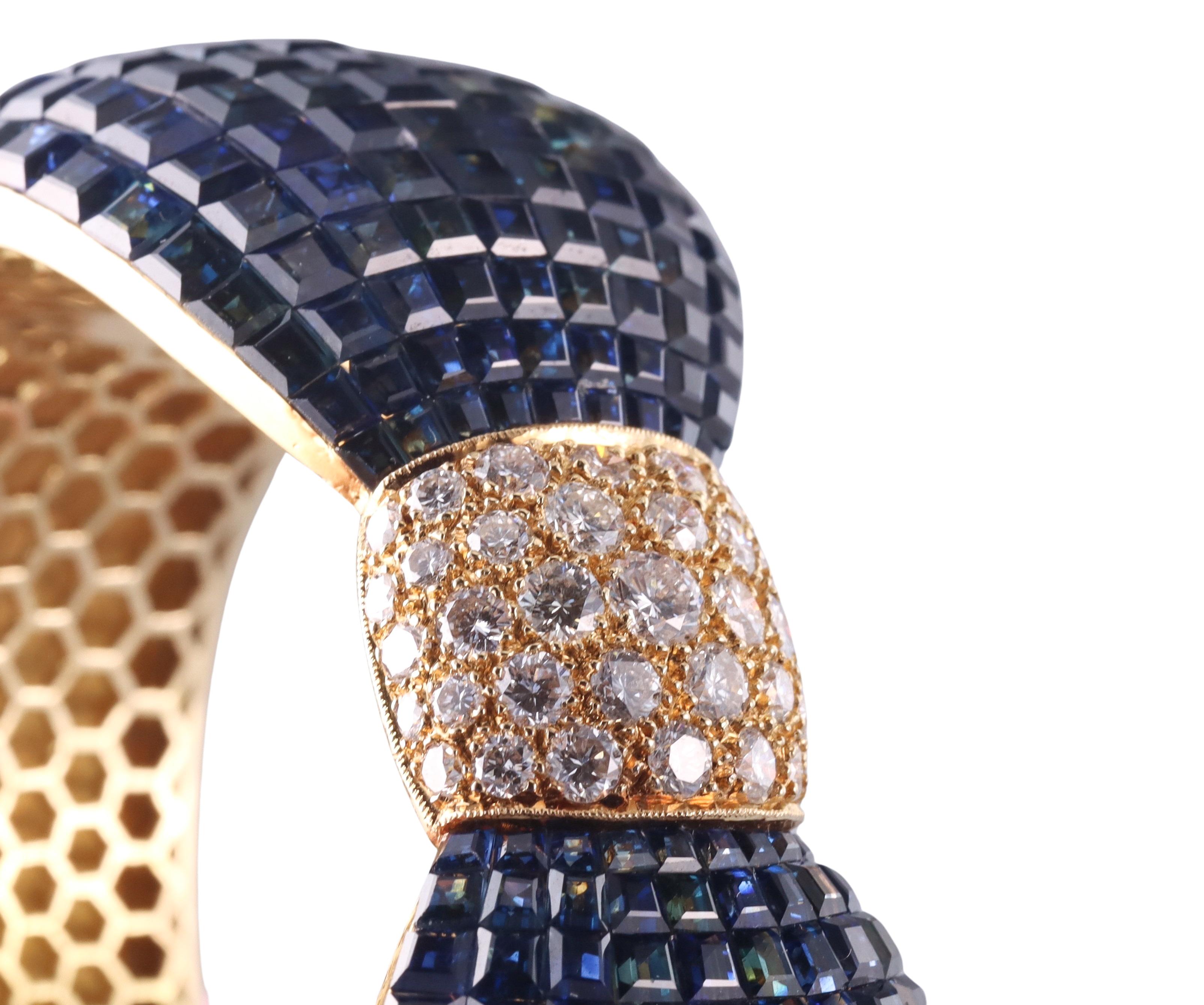 Invisible Set Sapphire Diamond Gold Bow Bracelet For Sale 1