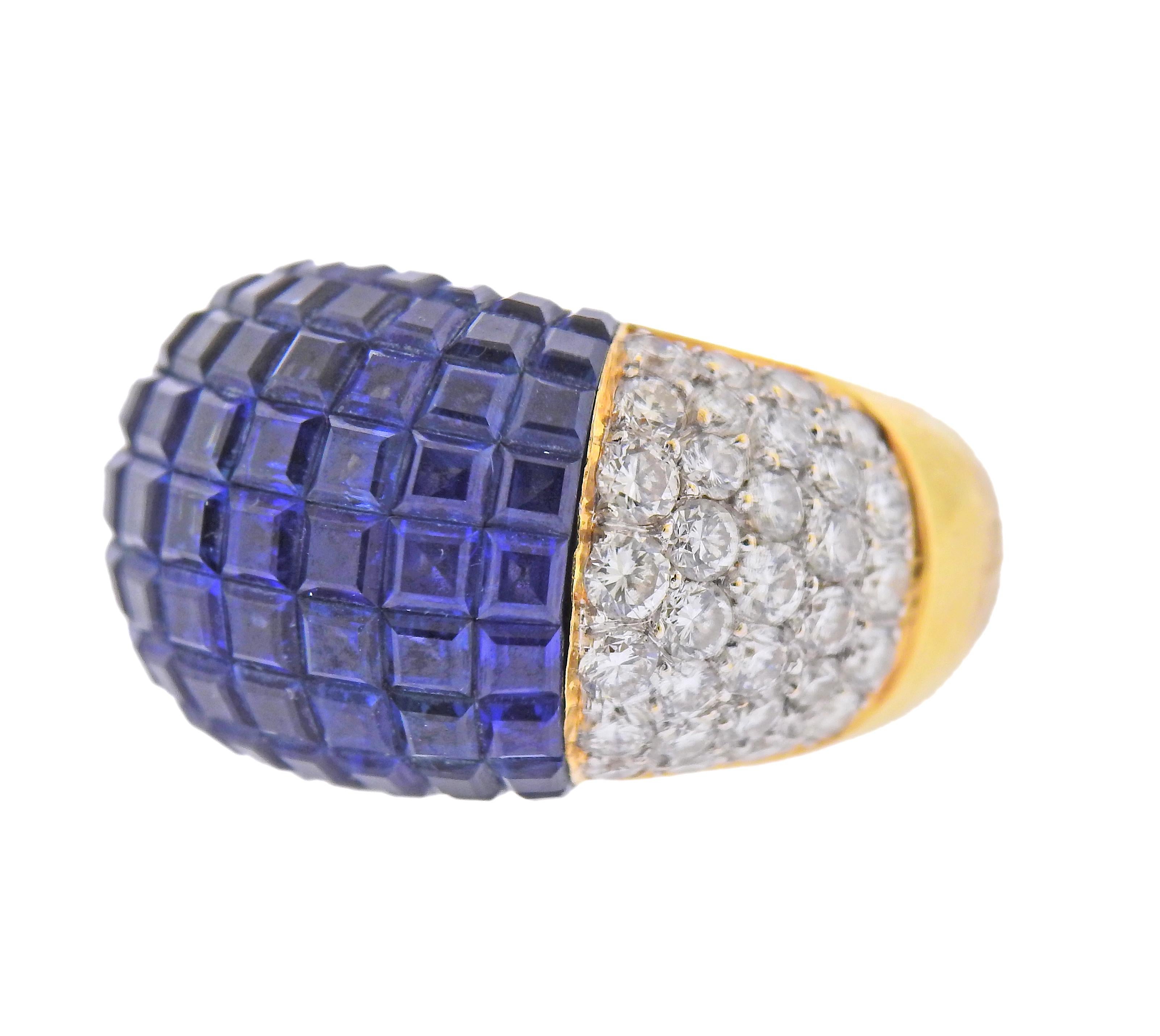 18k gold ring, with invisible set blue sapphires and 2.10ctw in diamonds. Ring size - 6.75, ring top - 15mm wide. Marked: 750, D2.10. Weight - 17 grams.