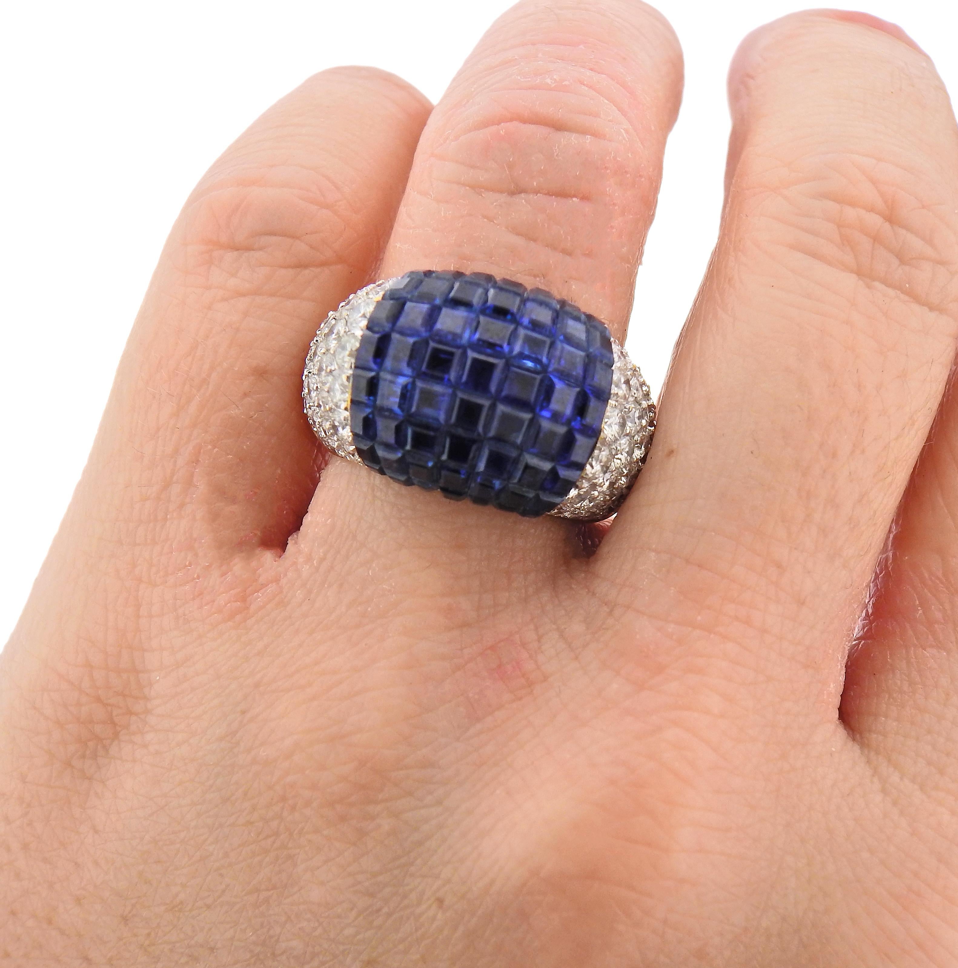 Invisible Set Sapphire Diamond Gold Ring In Excellent Condition For Sale In New York, NY