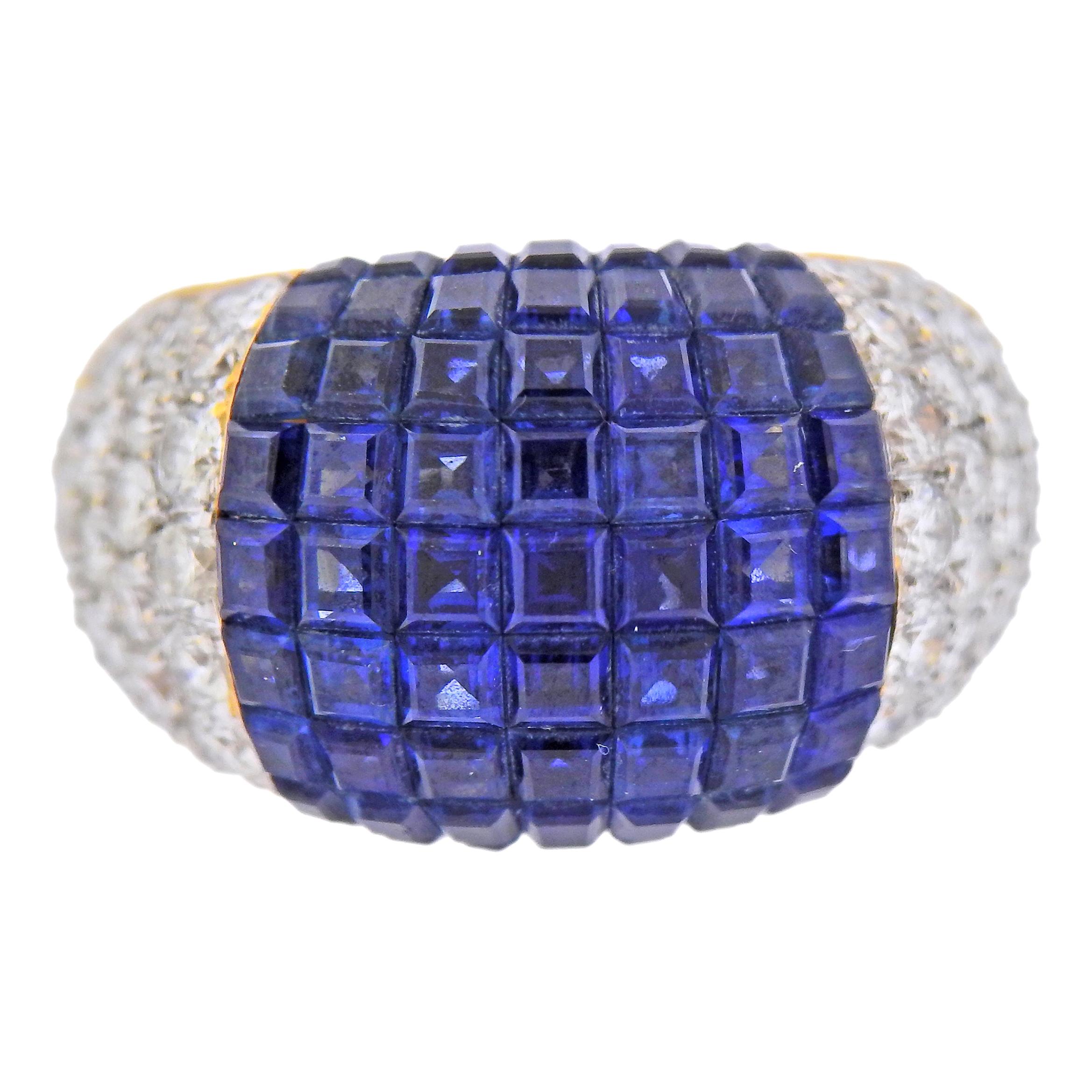 Invisible Set Sapphire Diamond Gold Ring For Sale