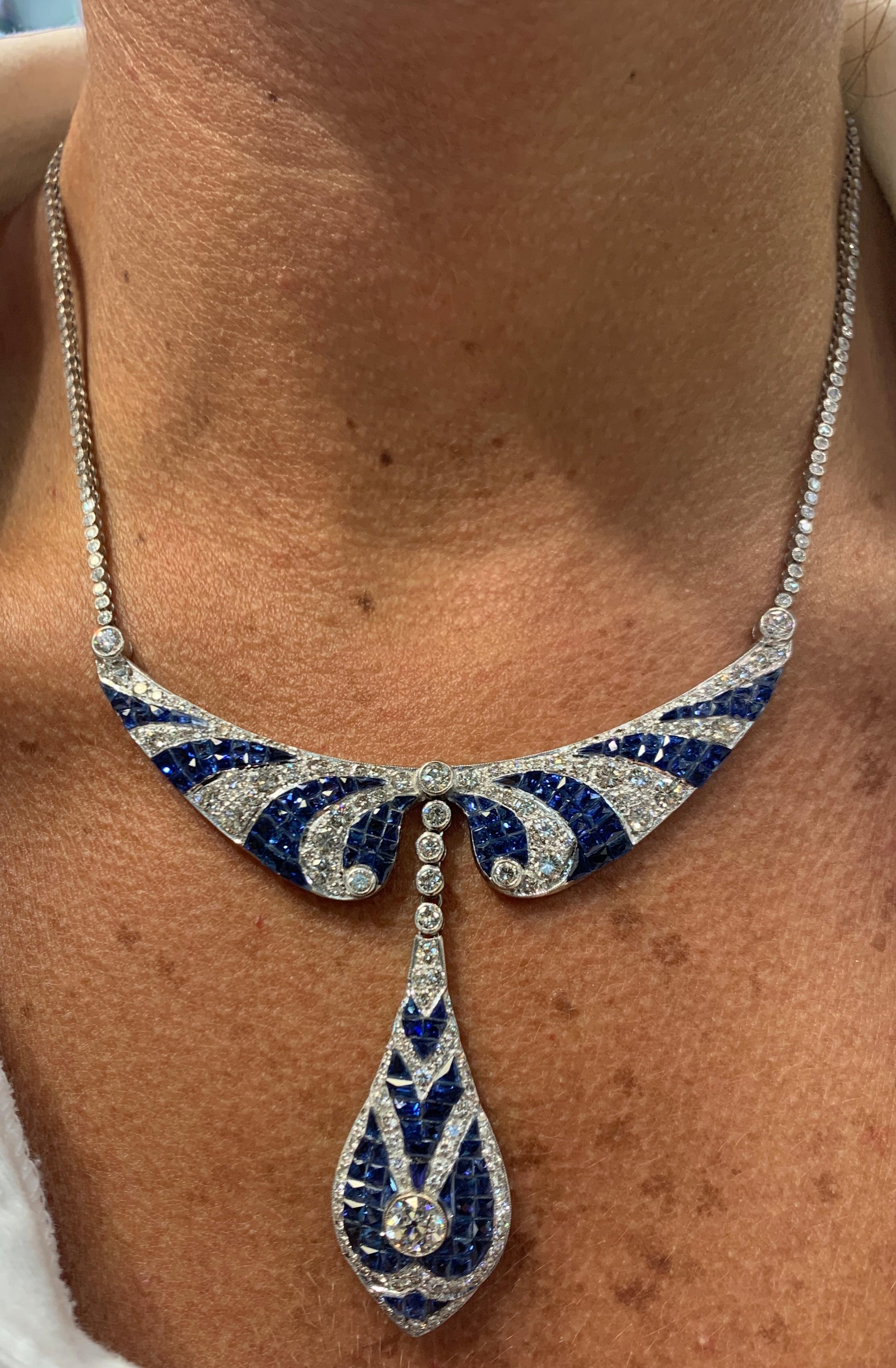 Unsichtbar gefasste Saphir- und Diamant-Halskette im Zustand „Hervorragend“ im Angebot in New York, NY