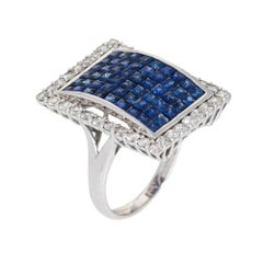 Invisible Set Sapphire Diamond Ring Large Square Cocktail 18k White Gold Sz 8
