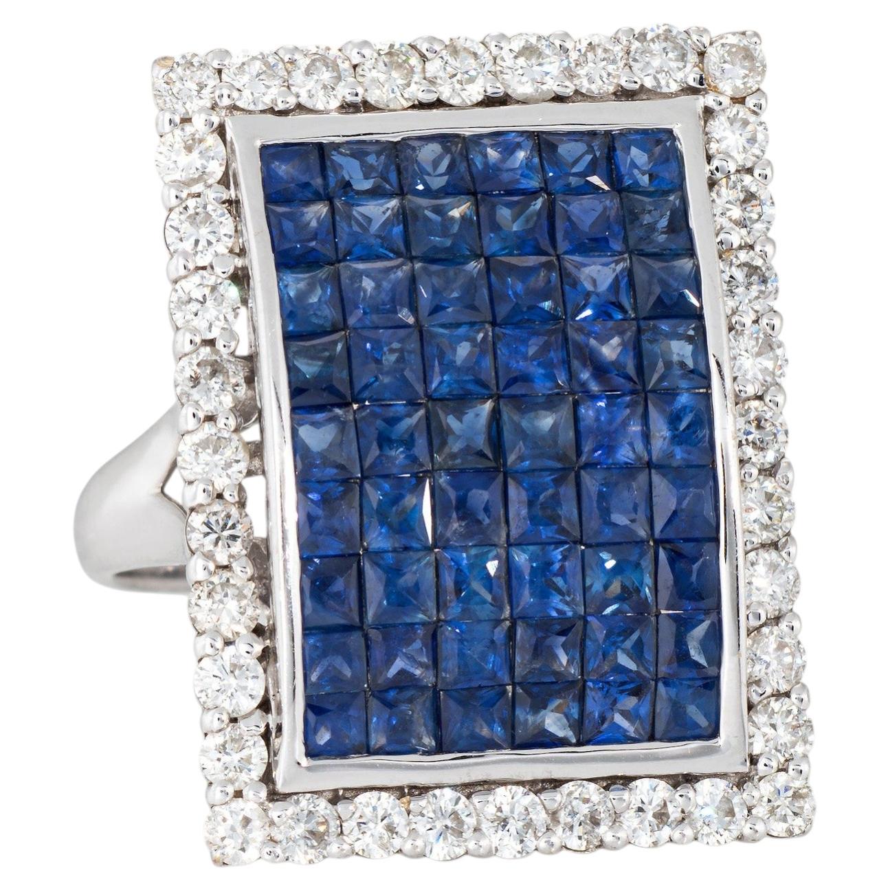 Invisible Set Sapphire Diamond Ring Large Square Cocktail 18k White Gold Sz 8