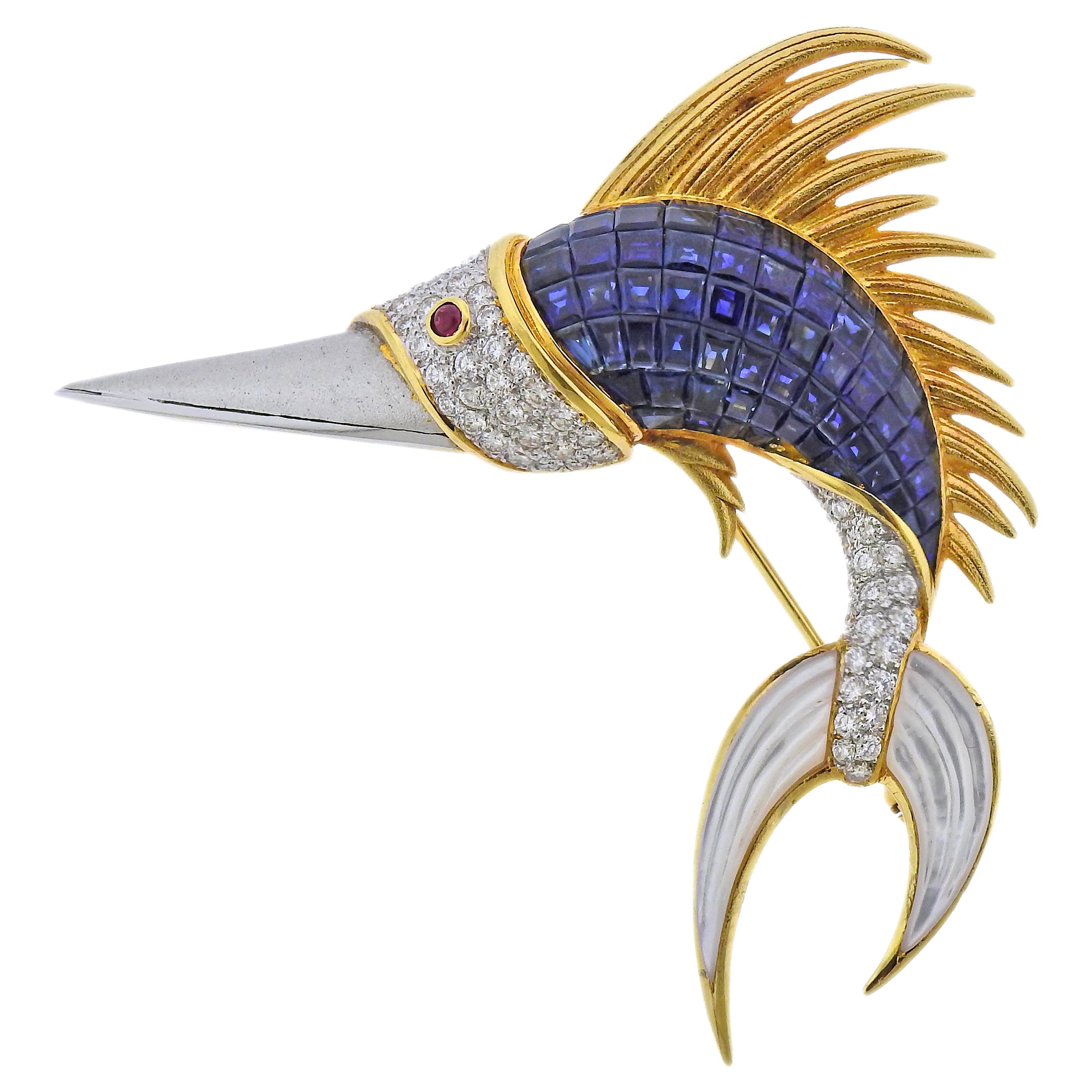 Invisible Set Sapphire Diamond Ruby Mother of Pearl Gold Fish Brooch For Sale