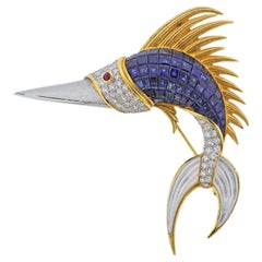 Invisible Set Sapphire Diamond Ruby Mother of Pearl Gold Fish Brooch