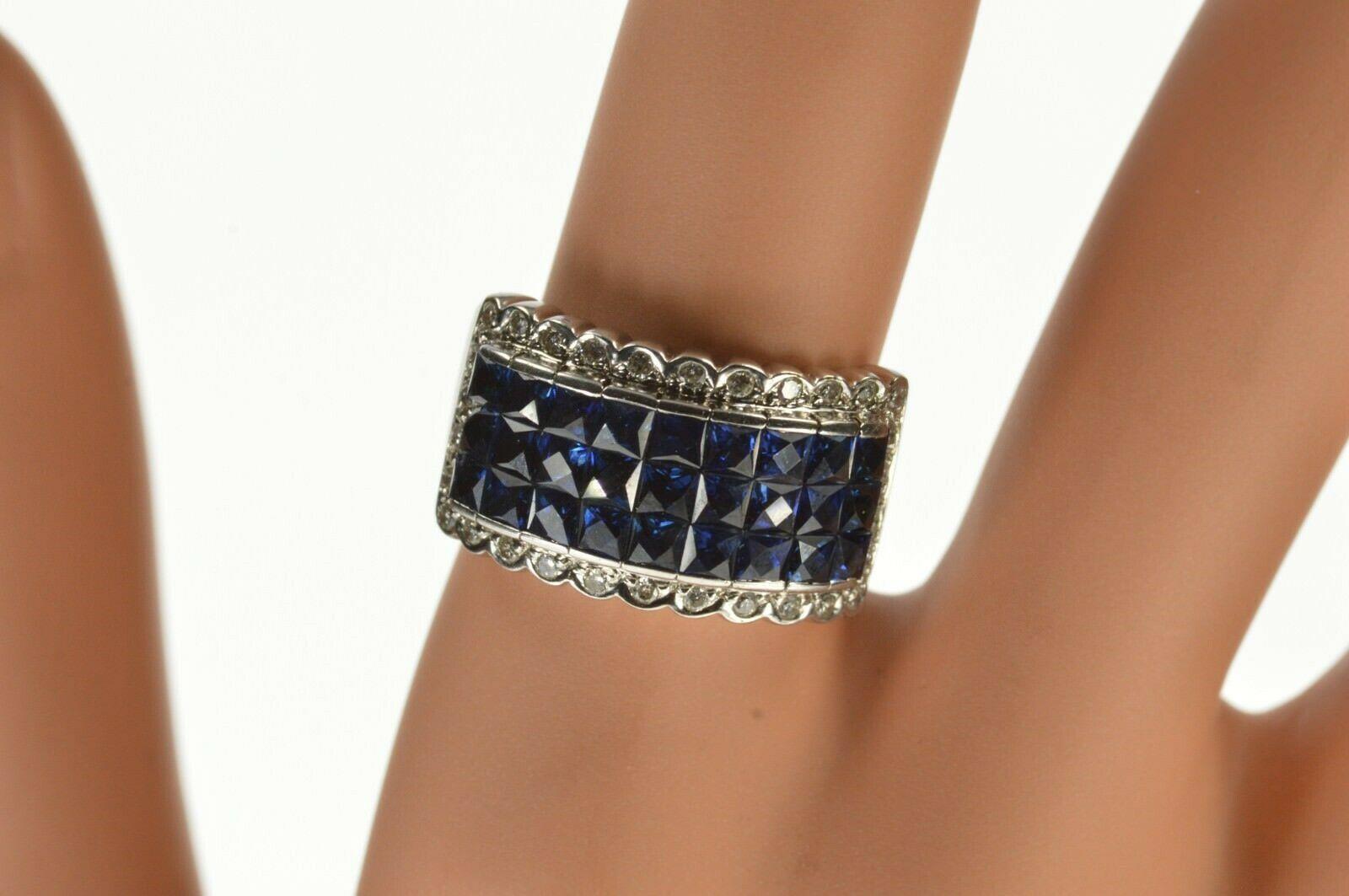 Invisible Set Sapphire Diamond White Gold Band Ring In Good Condition For Sale In Frederick, MD