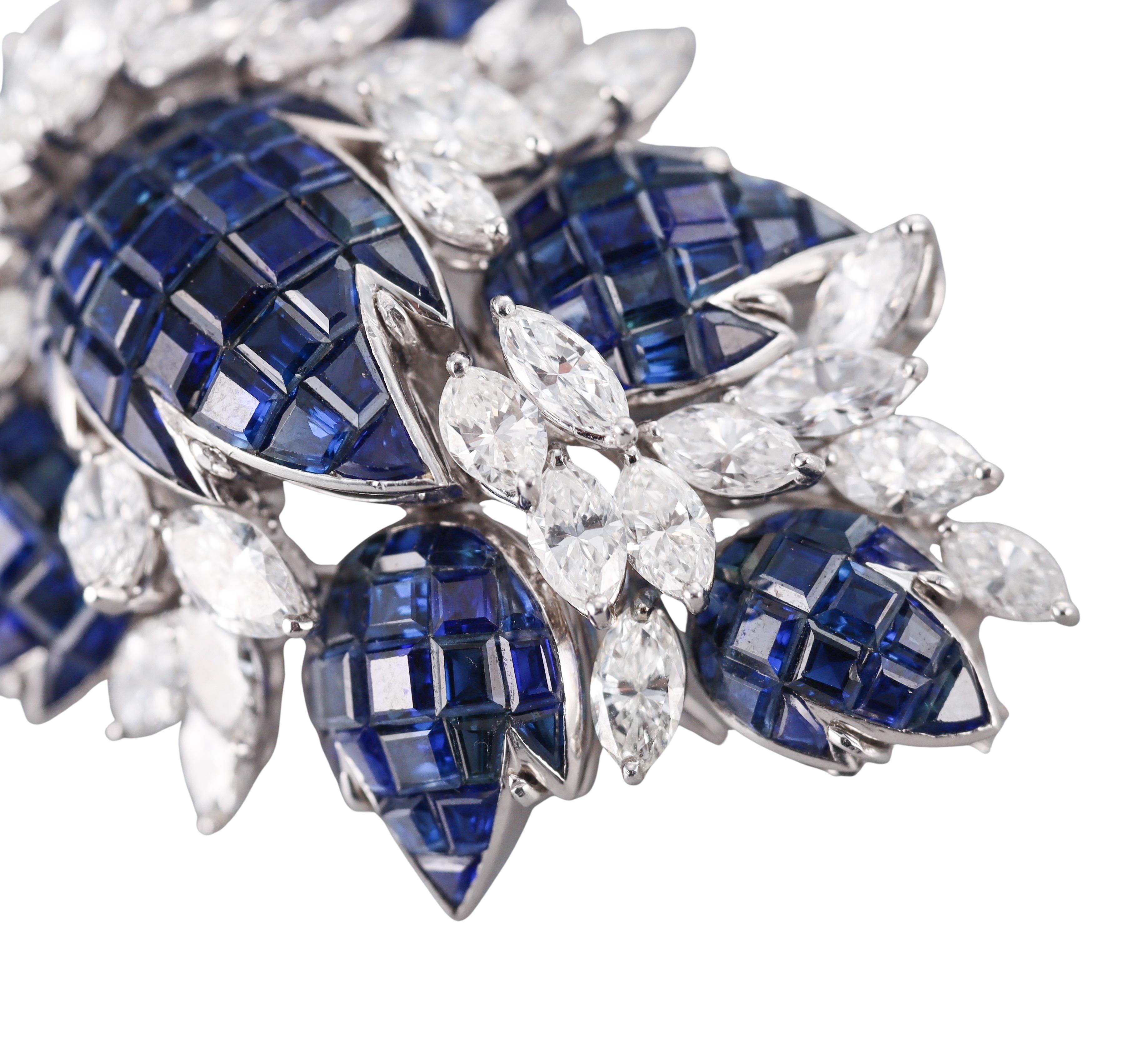 Marquise Cut Invisible Set Sapphire Diamond White Gold Brooch For Sale