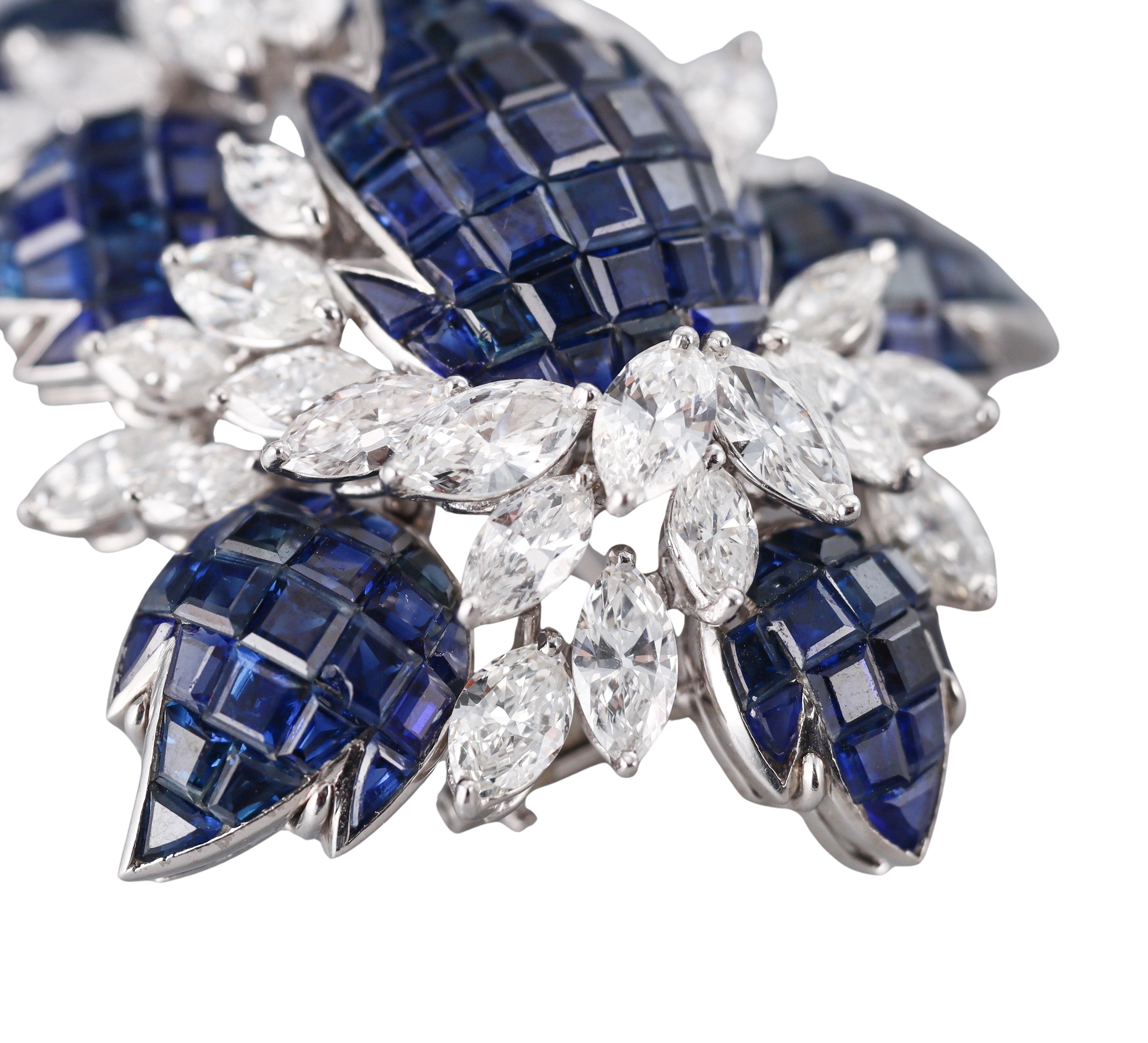 Invisible Set Sapphire Diamond White Gold Brooch In Excellent Condition For Sale In New York, NY