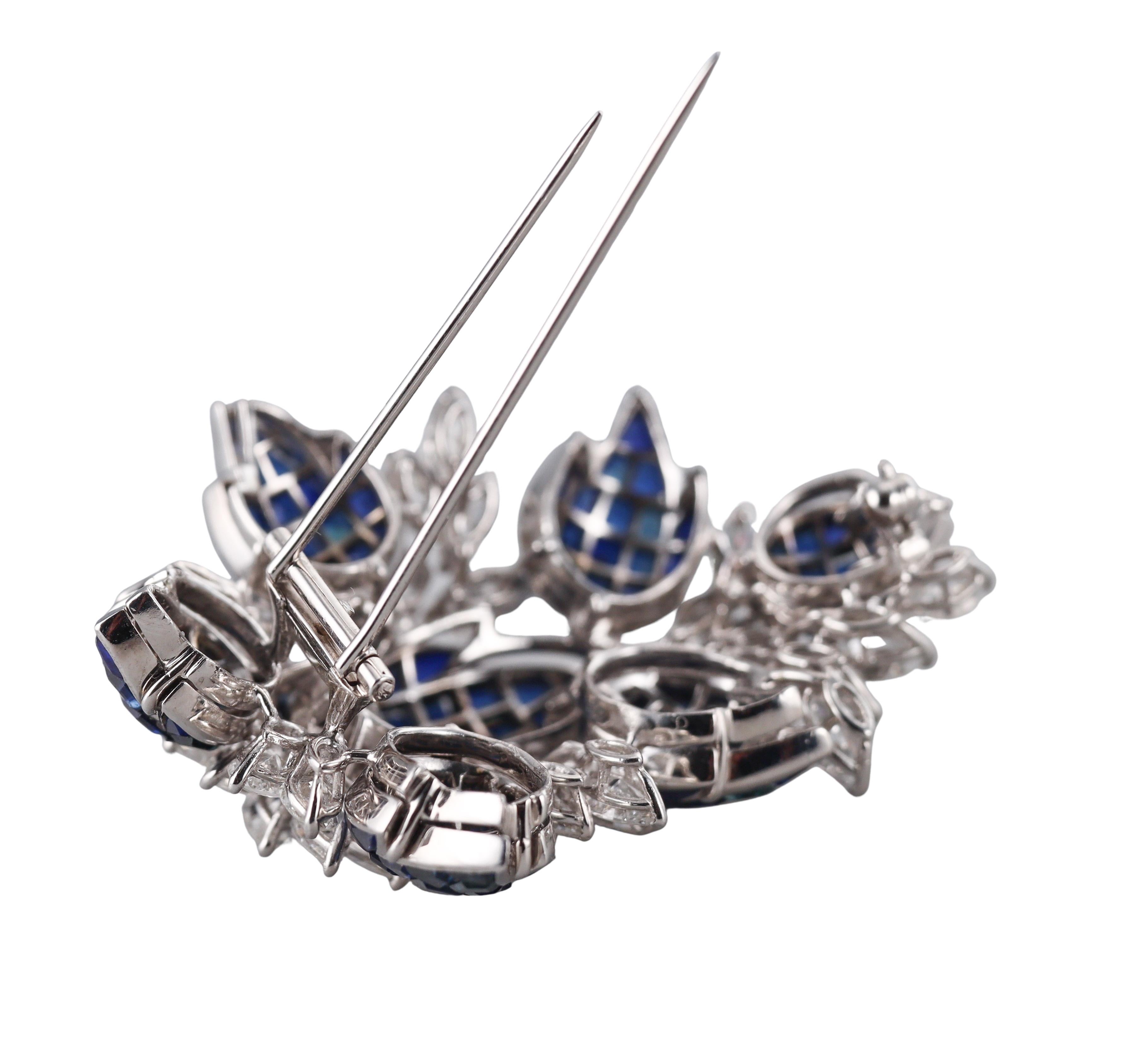 Women's Invisible Set Sapphire Diamond White Gold Brooch For Sale