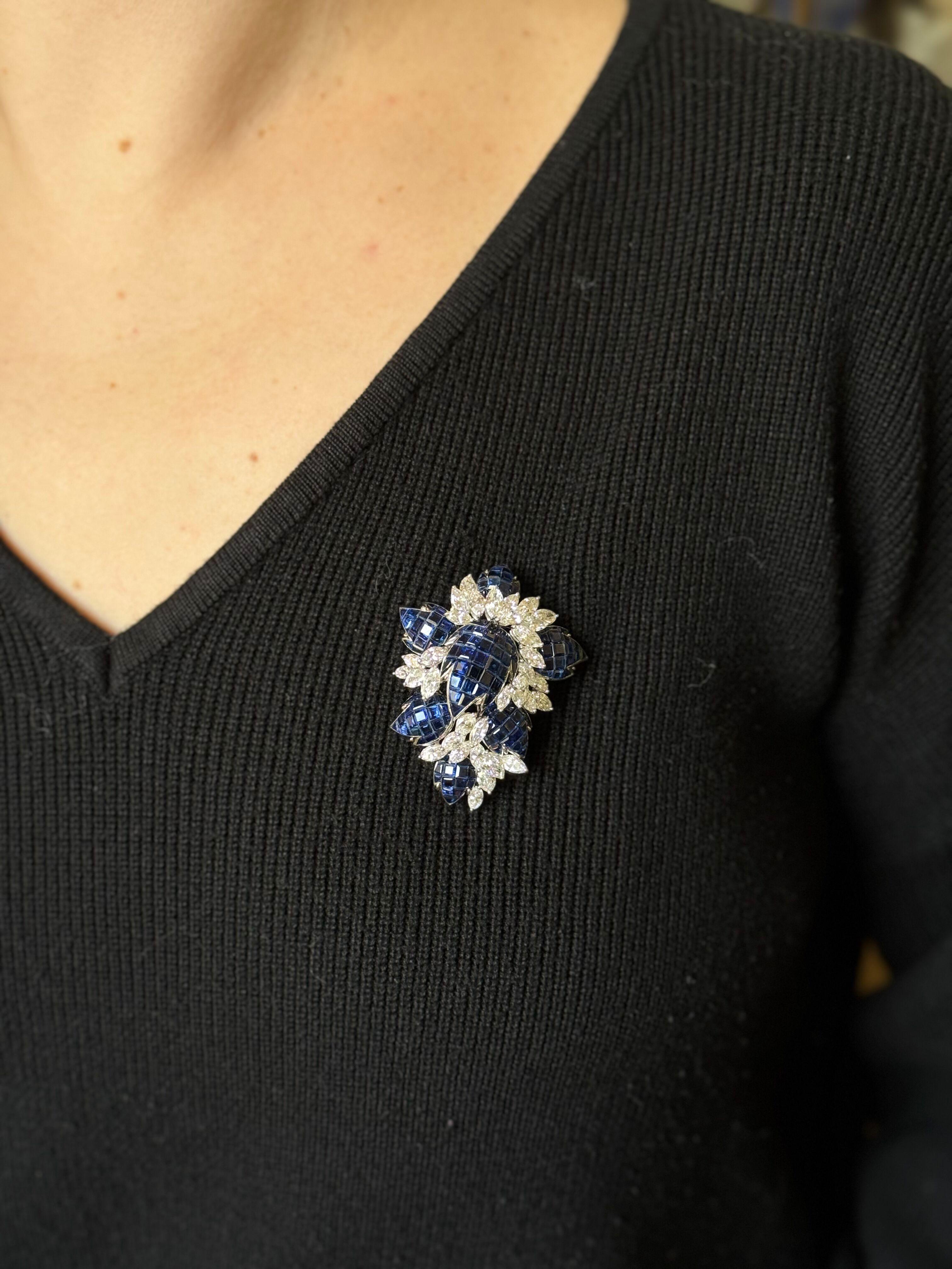 Invisible Set Sapphire Diamond White Gold Brooch For Sale 2