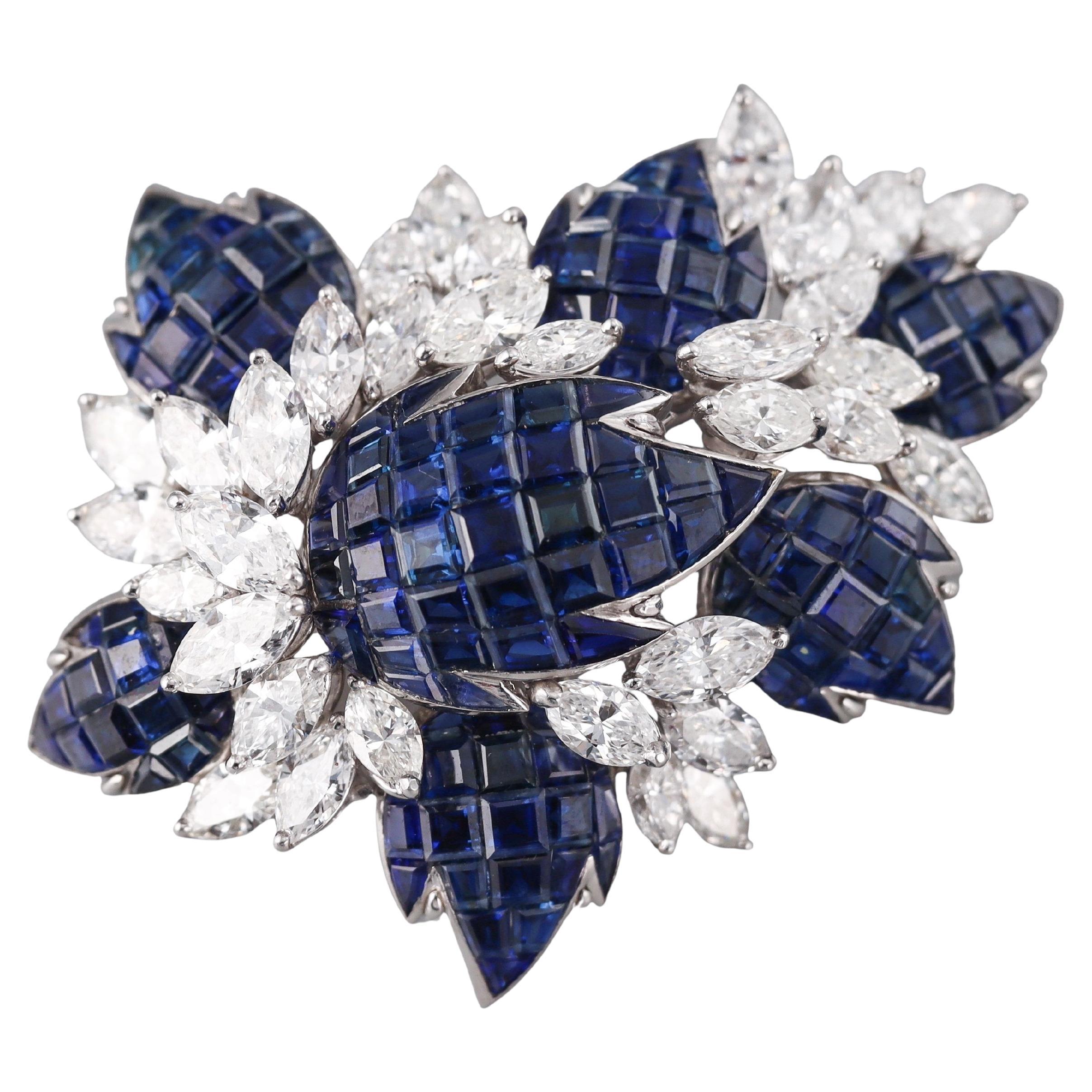 Invisible Set Sapphire Diamond White Gold Brooch