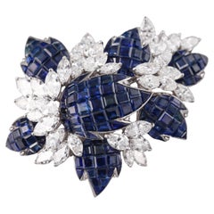 Vintage Invisible Set Sapphire Diamond White Gold Brooch