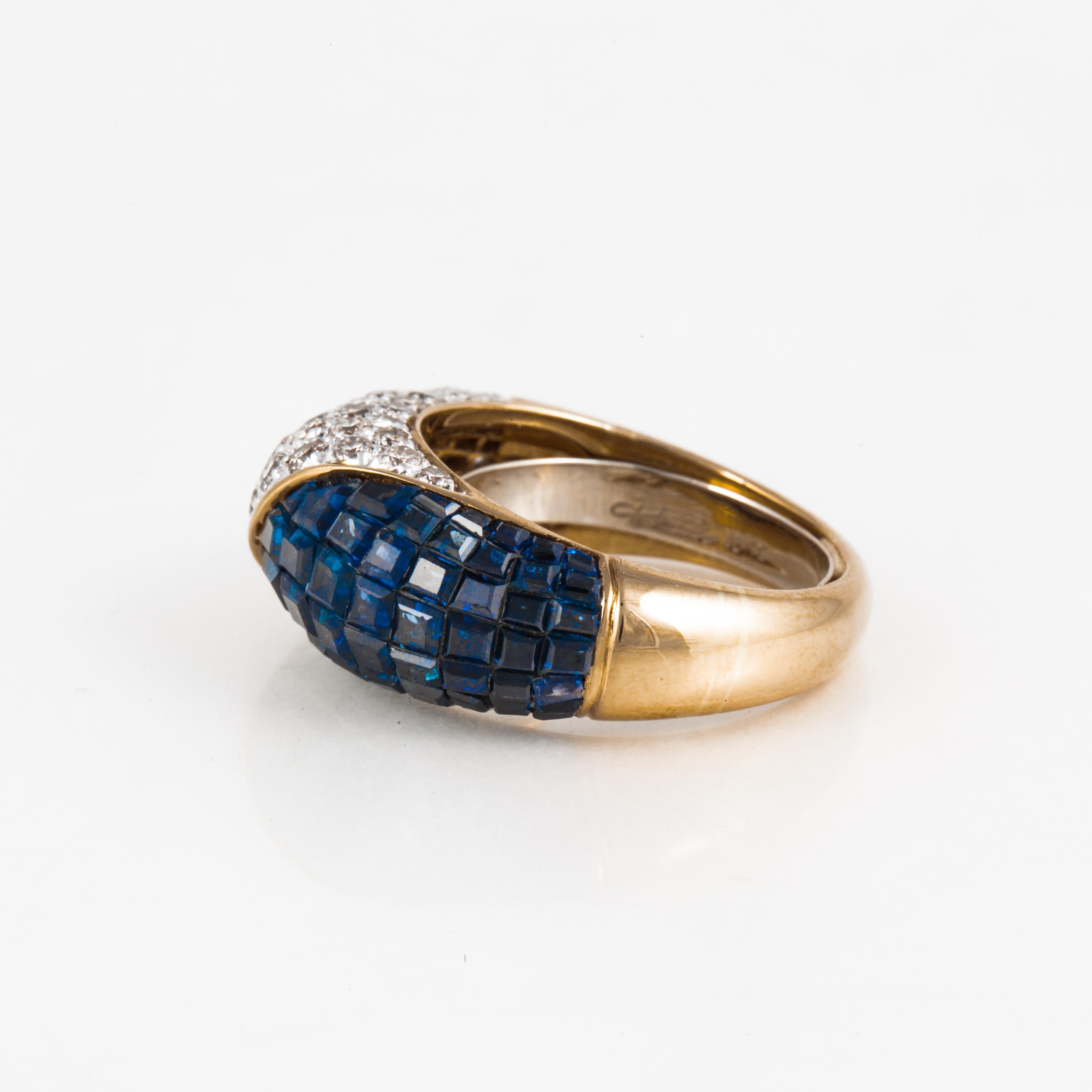 Ring aus 18 Karat Gold mit unsichtbar gefasstem Saphir und Pavé-Diamant im Zustand „Gut“ im Angebot in Houston, TX