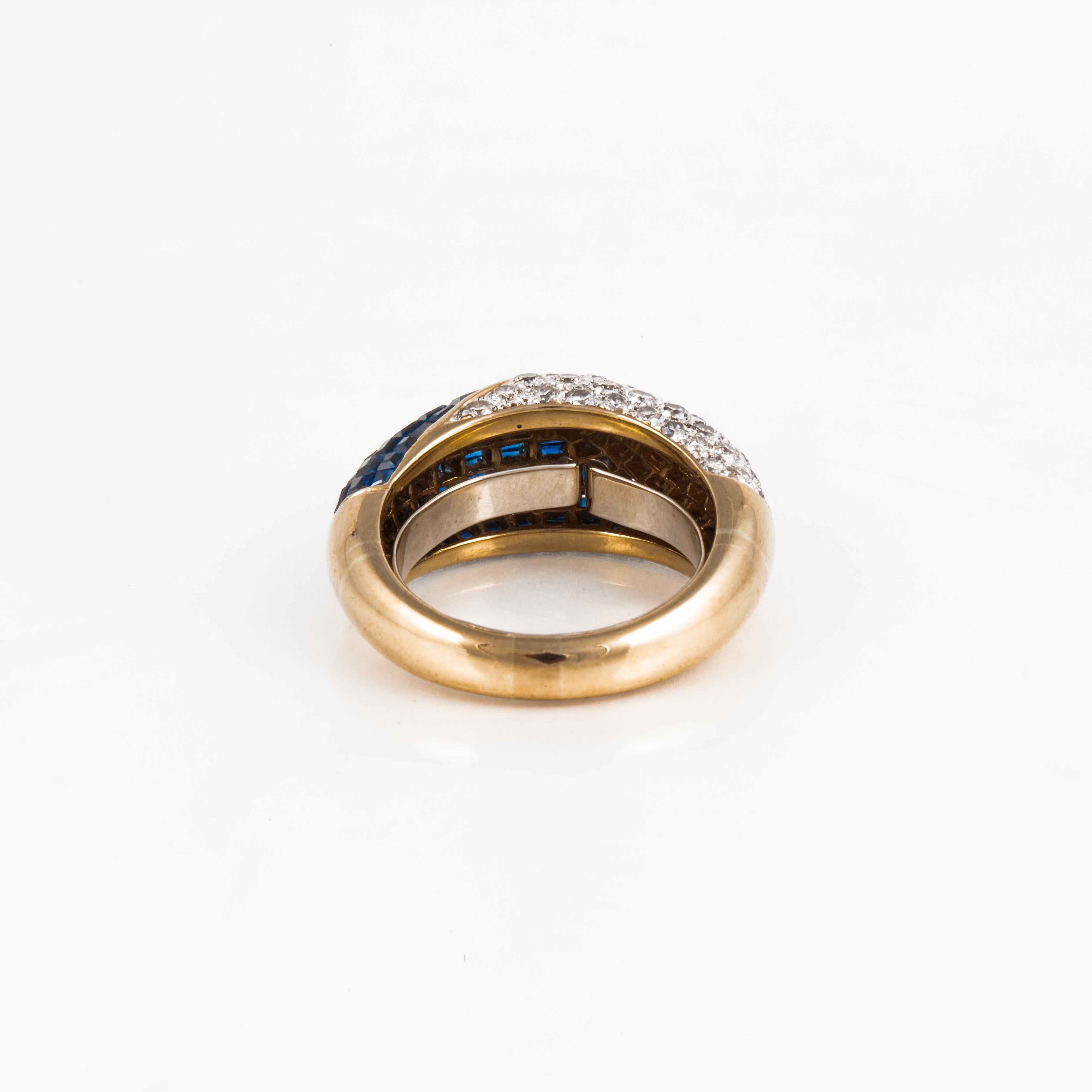 Mixed Cut Vintage Invisible-Set Sapphire and Pavé Diamond 18K Gold Ring For Sale