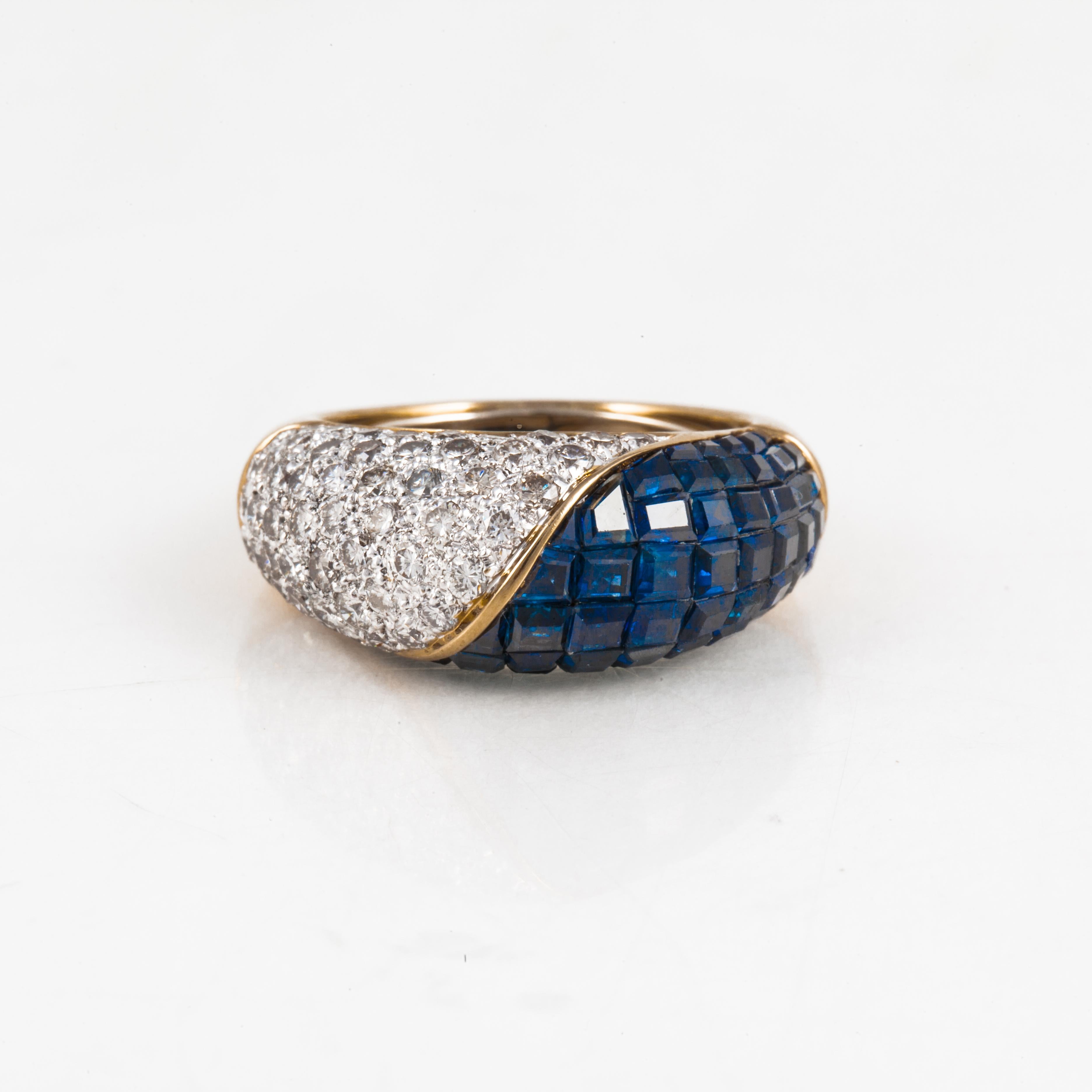 18K Gold Invisible-Set Sapphire and Pavé Diamond Ring In Good Condition For Sale In Houston, TX