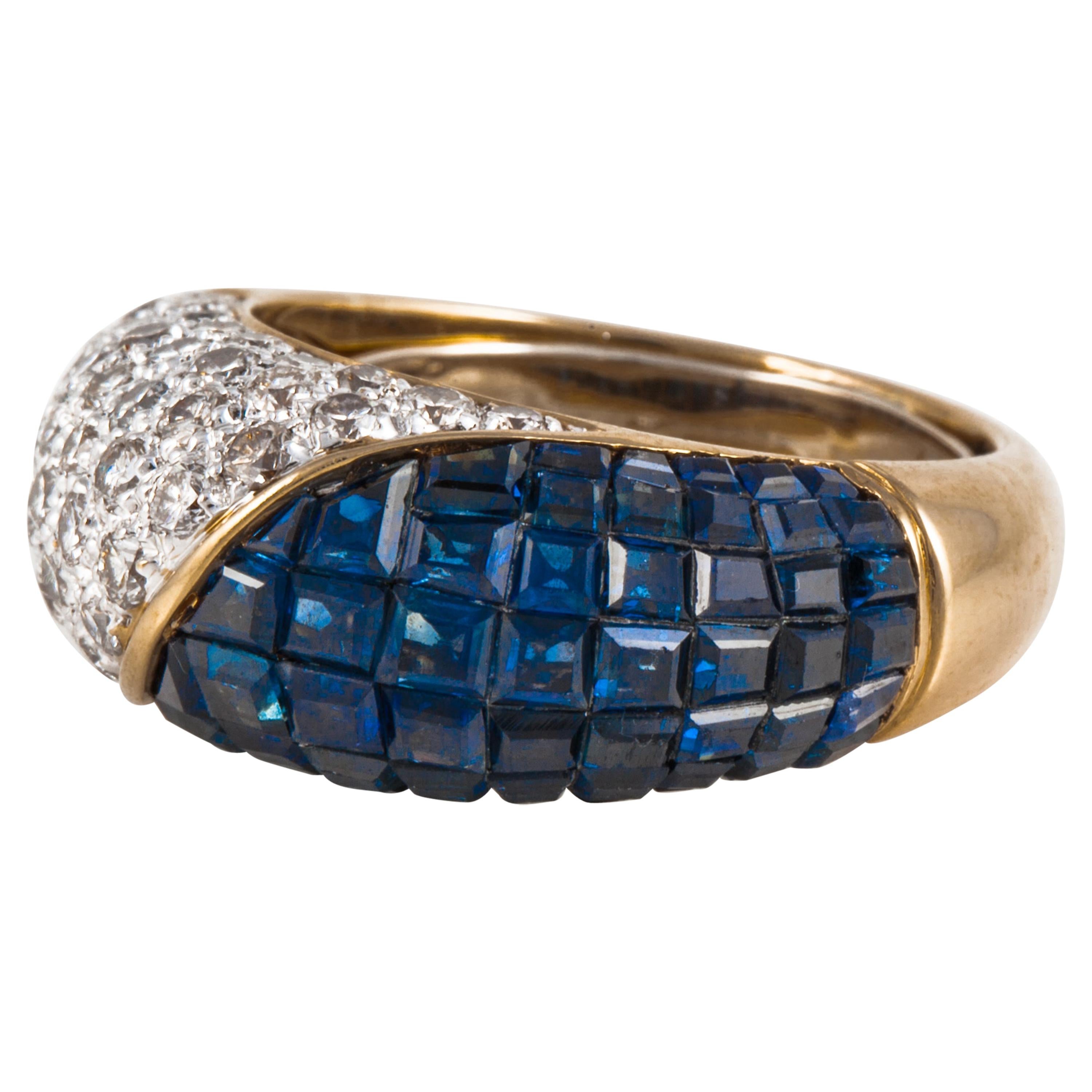 18K Gold Invisible-Set Sapphire and Pavé Diamond Ring