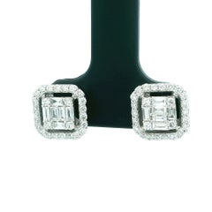 Invisible-Set Square Diamond Stud Earrings in 18K White Gold, 2.00 Carat