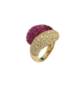 Invisible set Yellow Gold Ruby and Diamond Bypass Bombay Ring