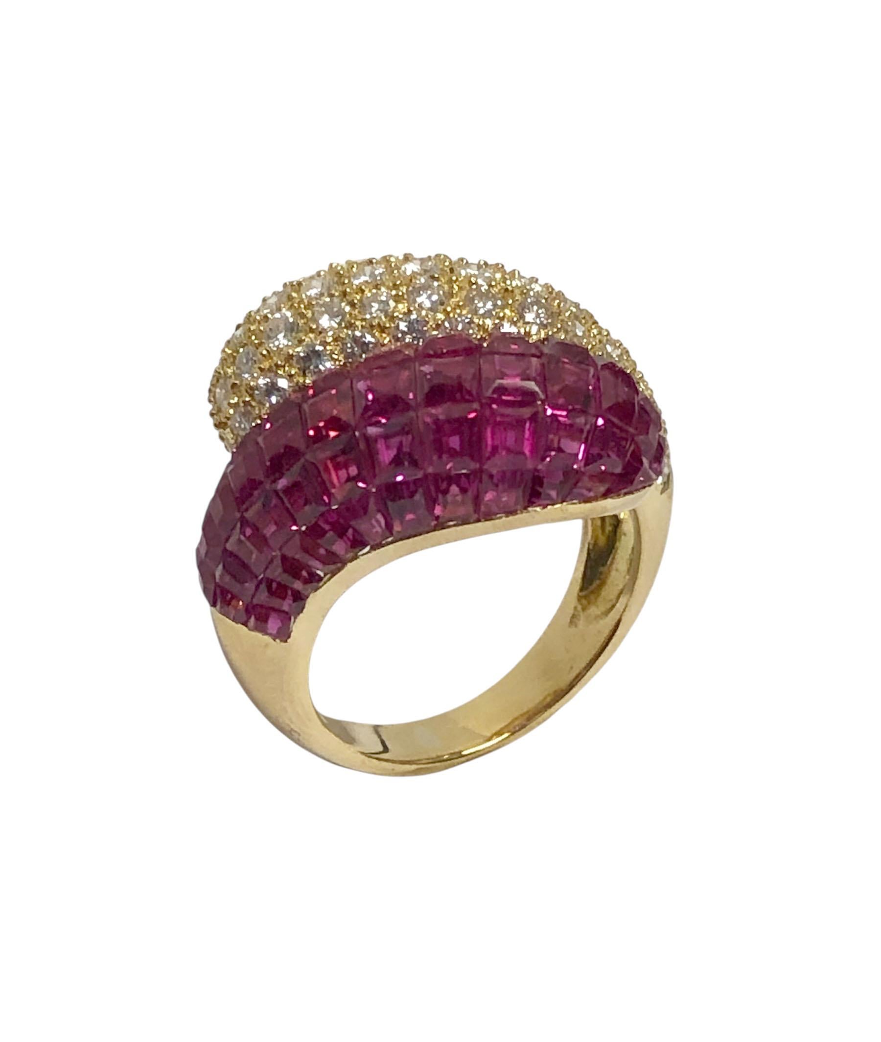 Round Cut Invisible set Yellow Gold Ruby and Diamond Bypass Bombay Ring For Sale