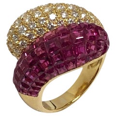 Invisible set Yellow Gold Ruby and Diamond Bypass Bombay Ring