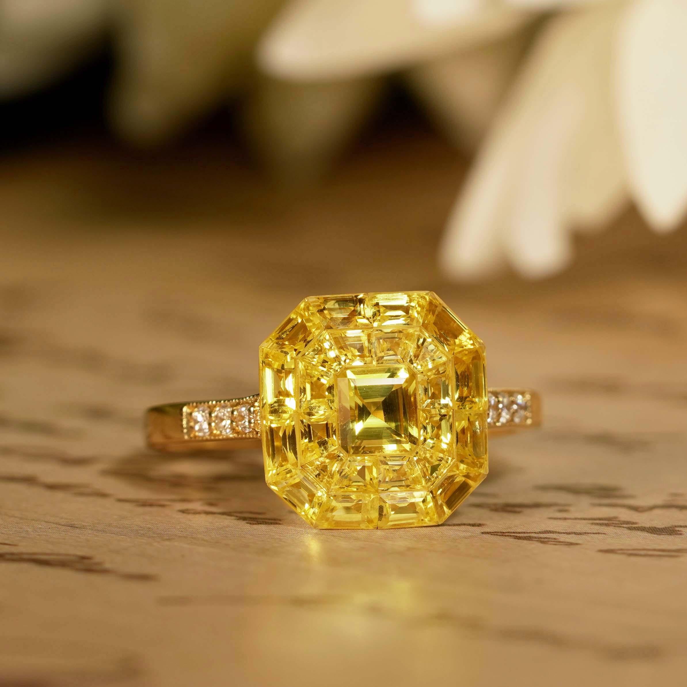 Bague en or jaune 14 carats sertie de saphirs jaunes et de diamants Art déco en vente 5