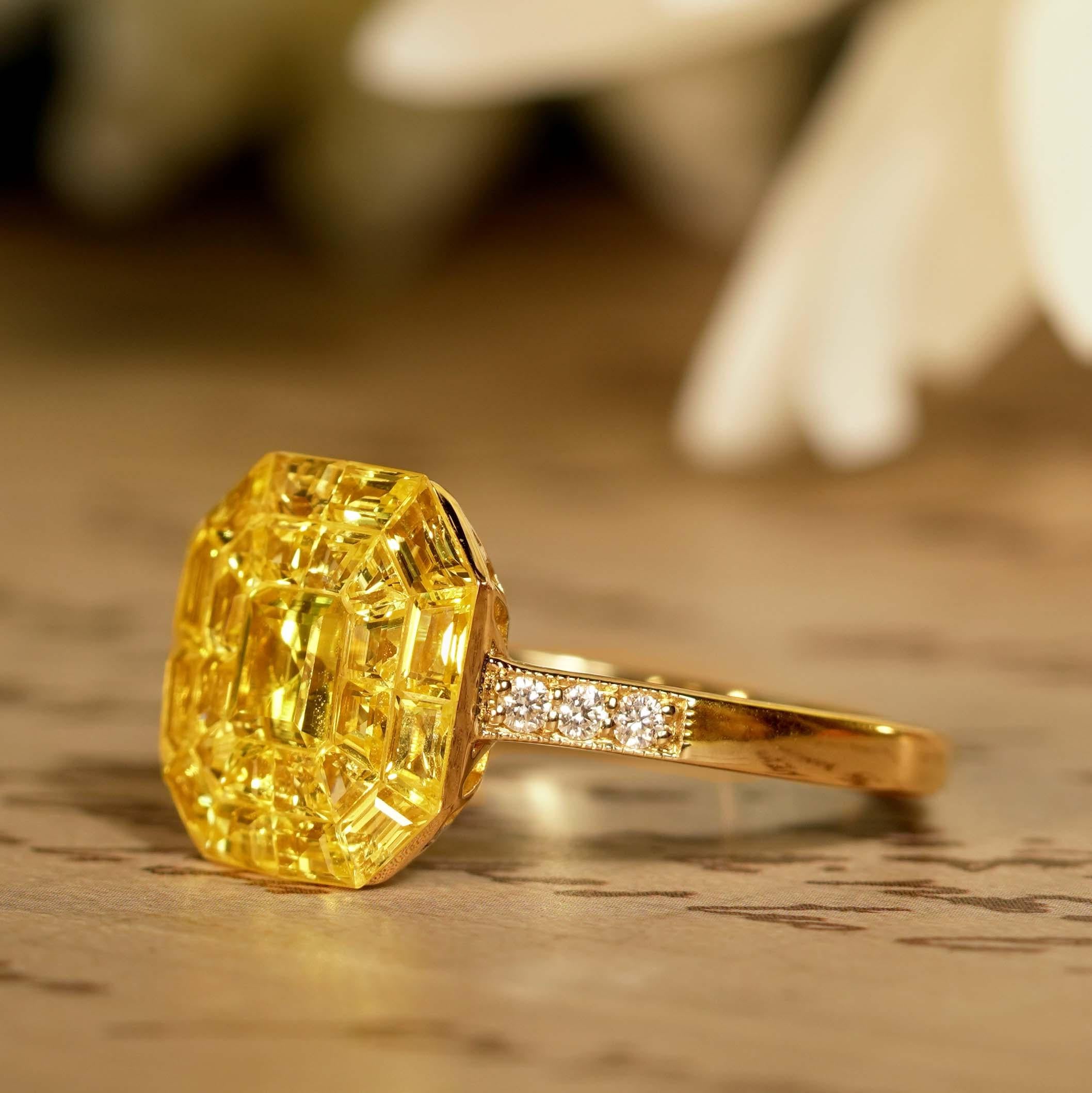 Bague en or jaune 14 carats sertie de saphirs jaunes et de diamants Art déco en vente 6