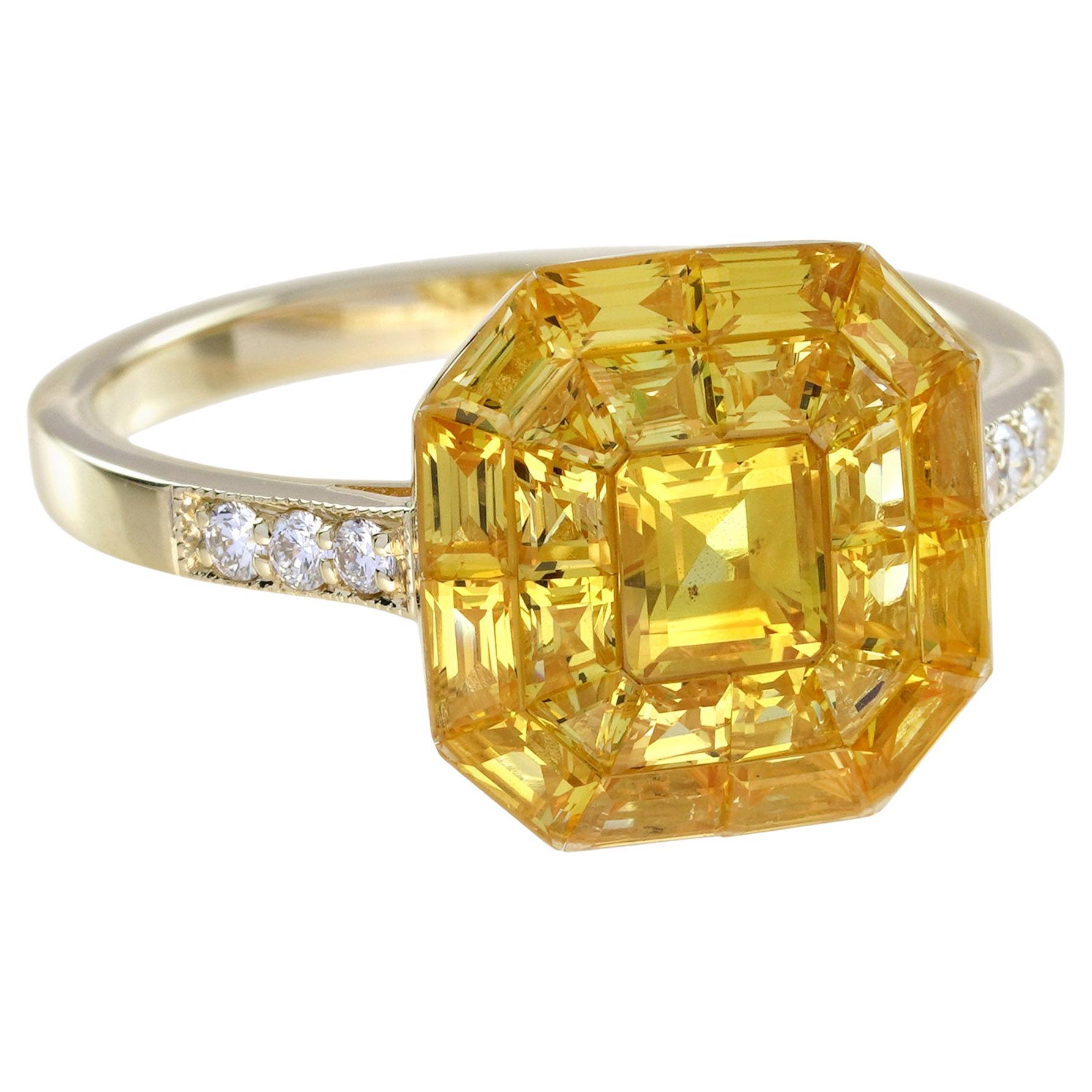 Invisible Set Yellow Sapphire Diamond Art Deco Style 14K Yellow Gold Ring